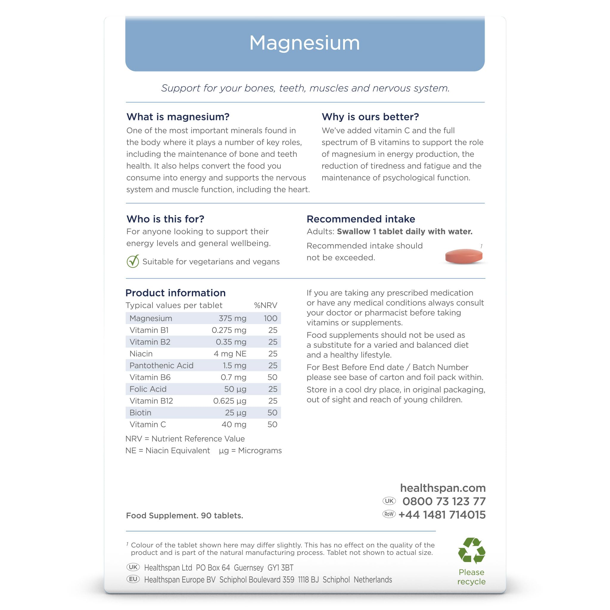 Healthspan Magnesium 375mg (90 Tablets)   Added Vitamin C & Vitamin B Complex   Promotes Immune Health   Support Your Bones, Teeth, Muscles & Nervous System   Vegan