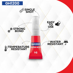 GH1200 1g x 24 Strong Super Glue All Purpose with Anticlog Cap. Super Fast,Thick & Strong Adhesive Cyanoacrylate Glue for Hard Plastics, DIY Craft, Ceramics, Frame,Leather, Metal and Many More