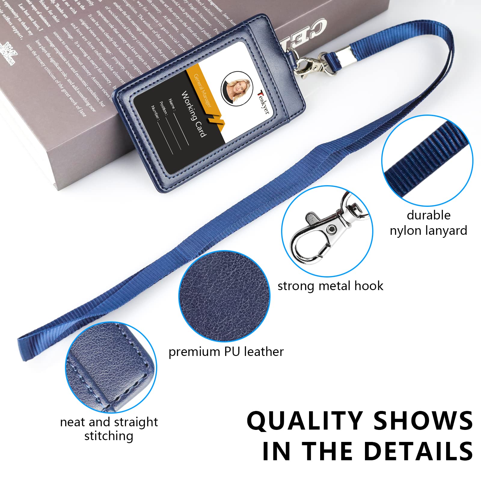 Teskyer Card Holder with Lanyard, ID Badge Holder with Clear Window and Holds 2 Cards, PU Leather Vertical Badge Holder for ID Cards, Offices, Schools, Bus Passes, Blue