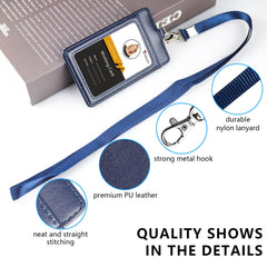 Teskyer Card Holder with Lanyard, ID Badge Holder with Clear Window and Holds 2 Cards, PU Leather Vertical Badge Holder for ID Cards, Offices, Schools, Bus Passes, Blue