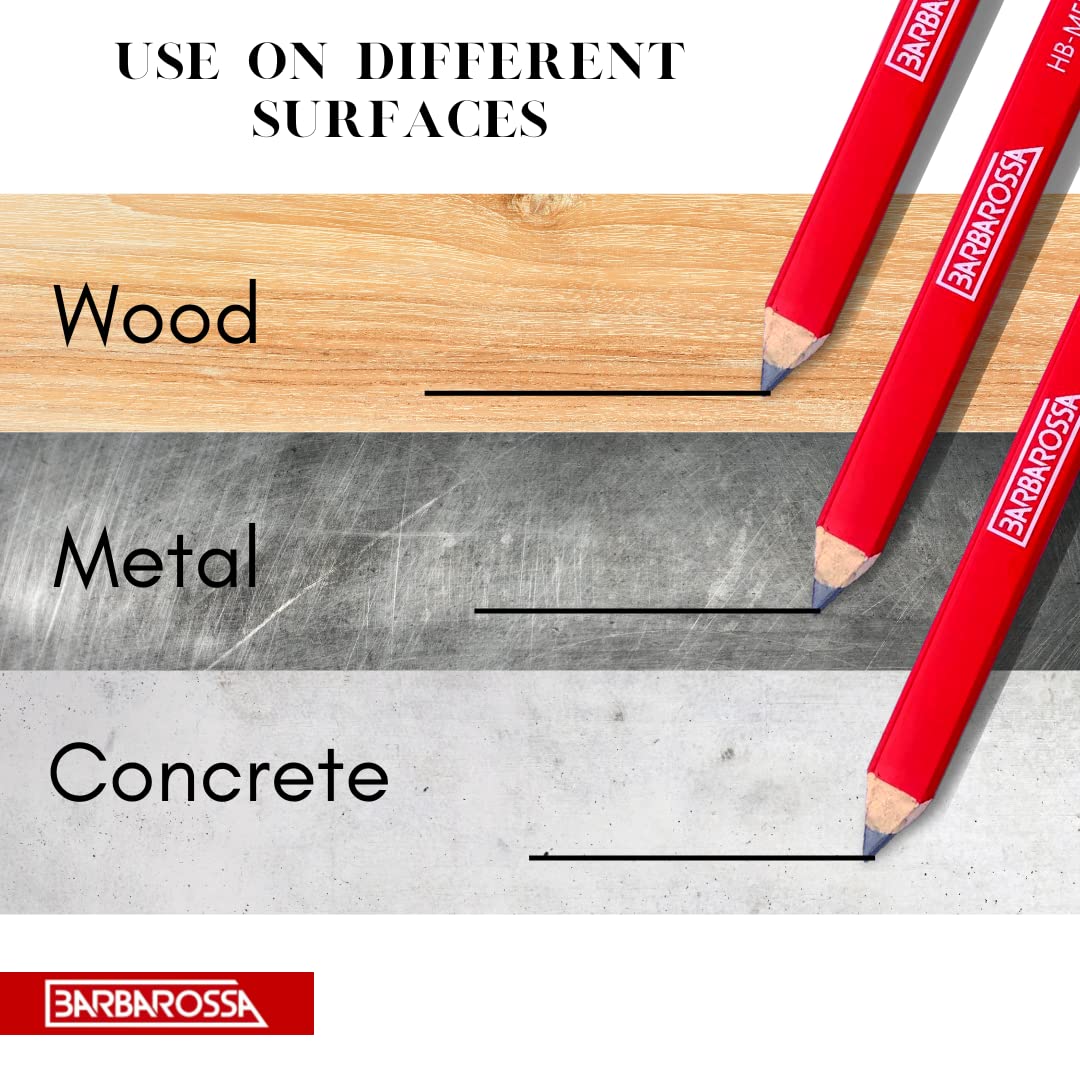 Barbarossa Octagonal Shape Pencil   Medium Hard Graphite Lead Natural Wood, 4H, HB Lead Type Flat Pencil Sharpener   Carpenters Pencil for Builders and Woodwork (HB - Medium - Red - Pack of 10)