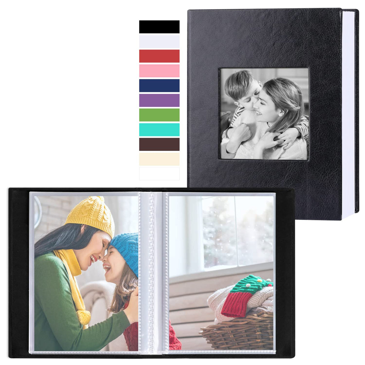 Benjia Small Photo Album 6x4 2 Packs, Each Pack Holds 100 Pockets, Slip In Mini Leather Top Loading Photo Albums Holds Portrait Only 10x15cm Picture Black