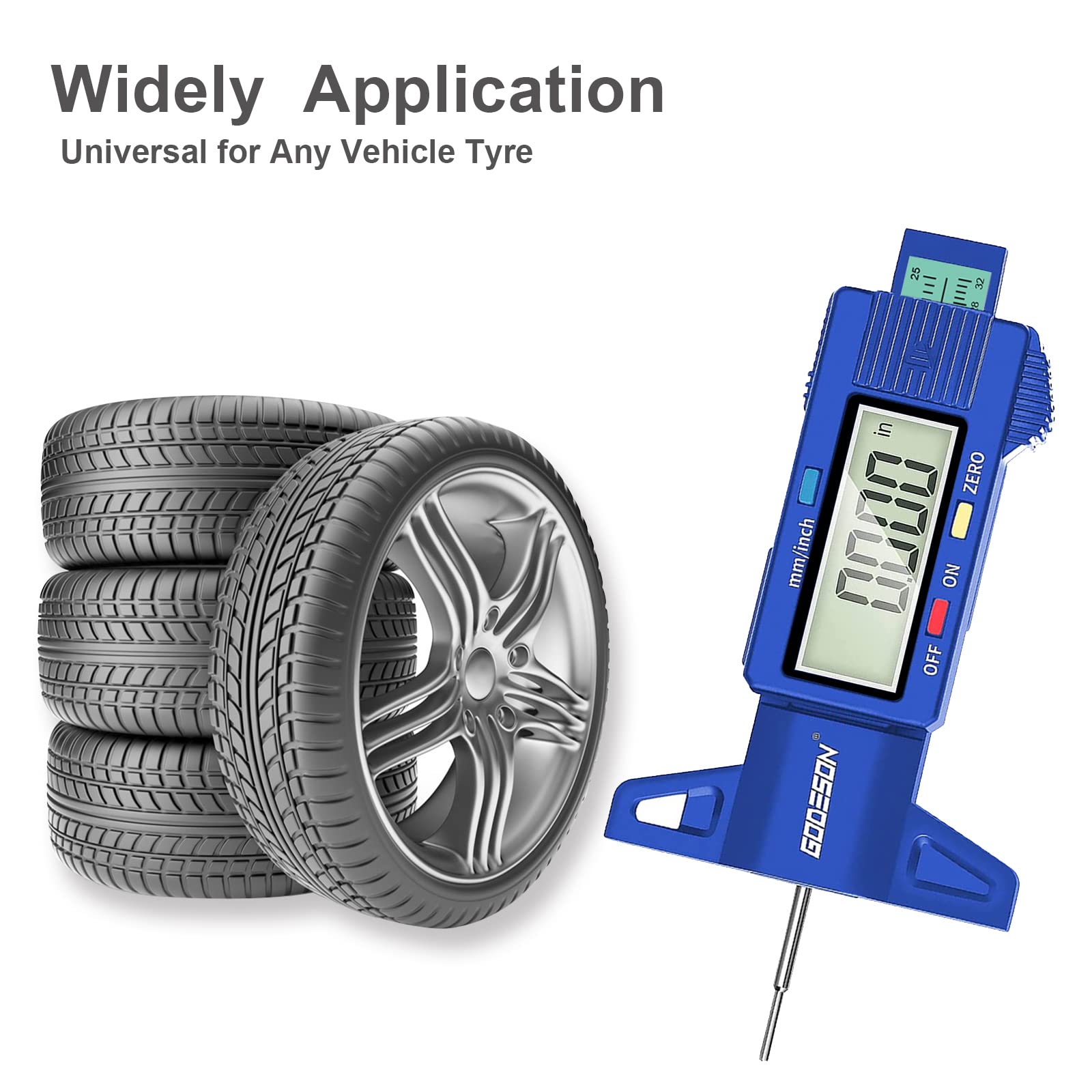 GODESON Blue Digital Tyre Tread Depth Gauge UK,0-25.4 Mm Inch Tyre Guage Digital with Large LCD Display and Blue Tyre Depth Gauge Measuring tool for Cars,Trucks,Moto