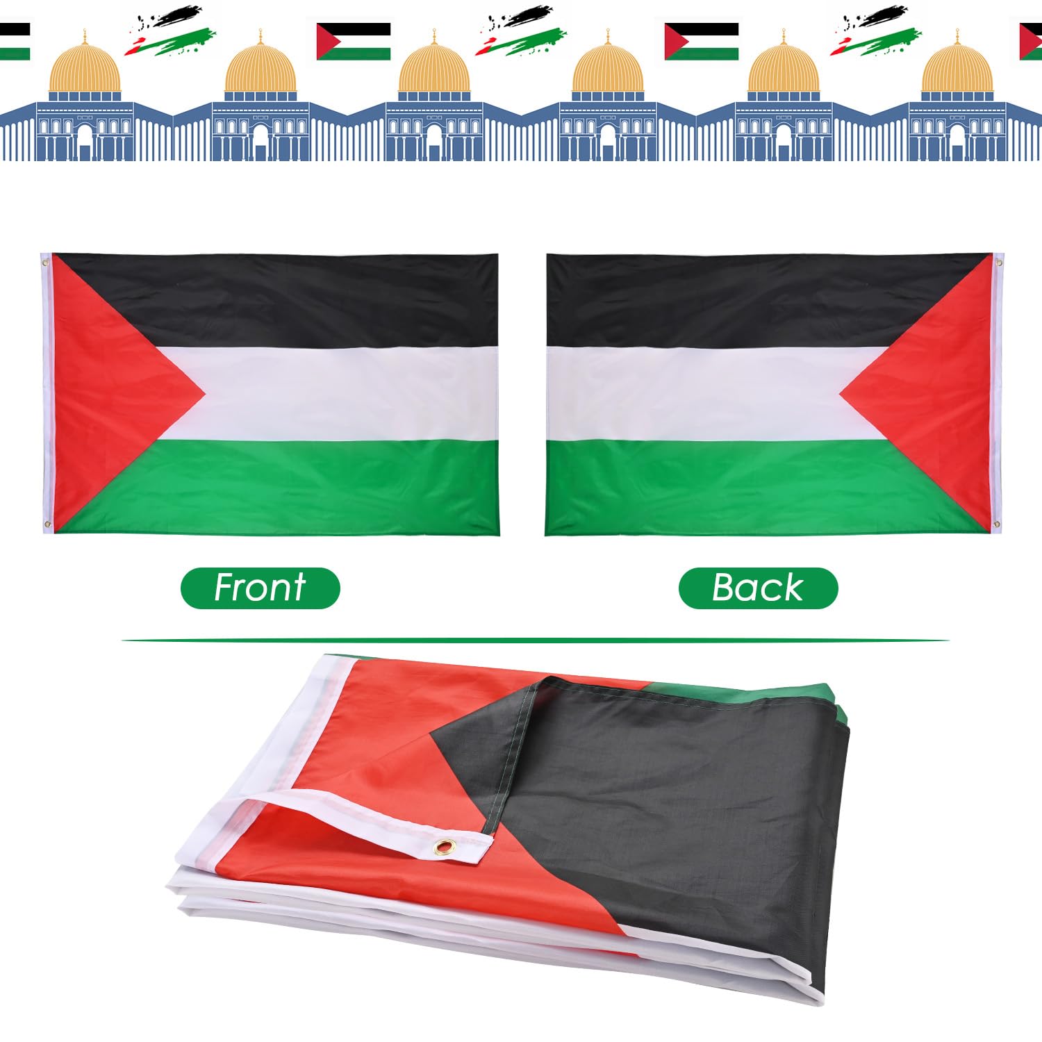 AhfuLife Palestine Flag 5ft x 3ft, 2pcs Large Palestinian Flags with Brass Eyelets for Indoor and Outdoor Garden Sports Events Decorations (2 Pcs)