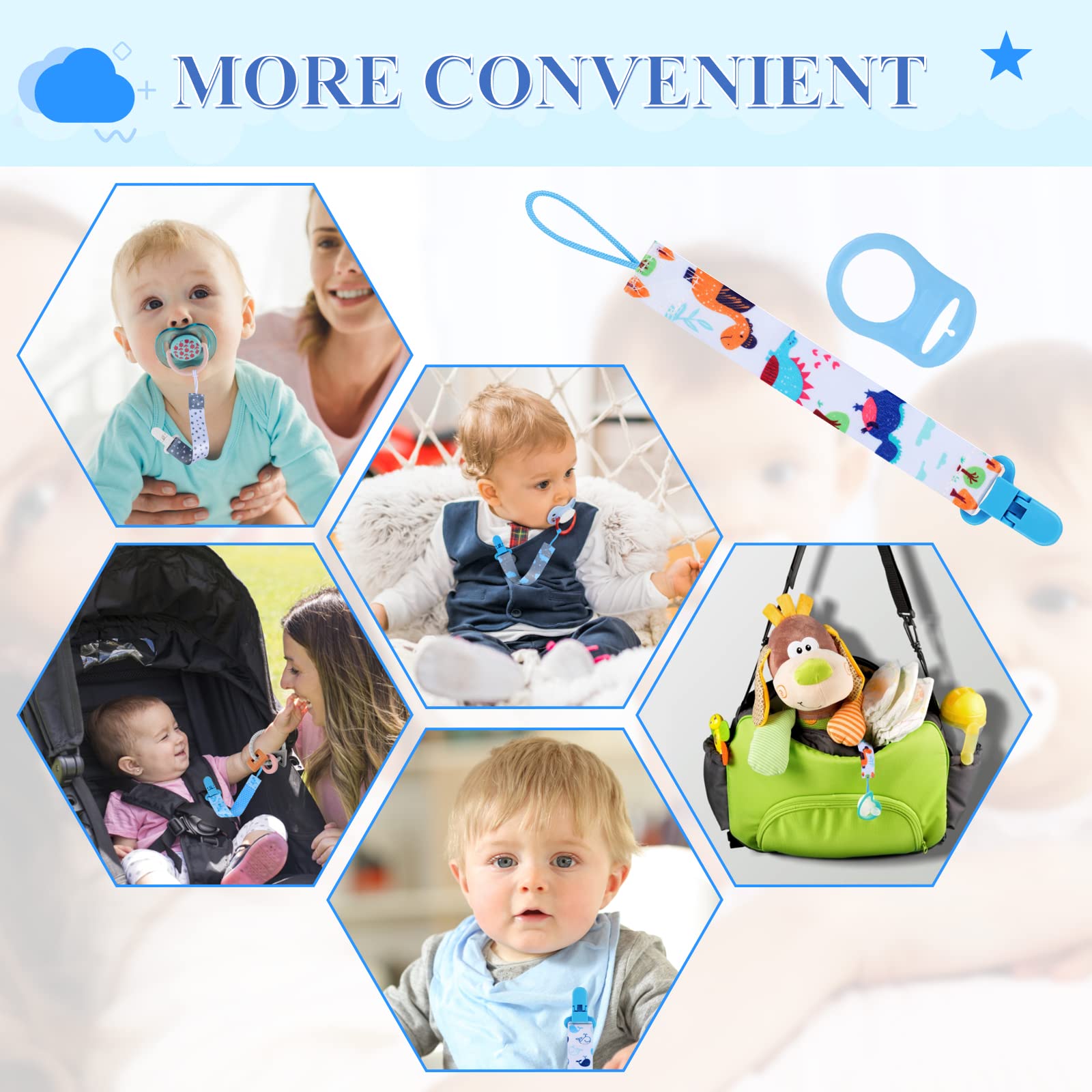 5 Pcs Dummy Clips with 5 Pcs Silicone Adapter, PP Material Baby Pacifier Clip for Boys, Soother Chain Holder Straps Teething Clips for Baby Teething Toys Baby Shower (Blue)