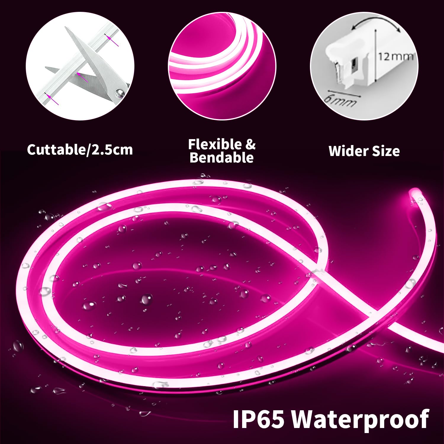 iNextStation Neon LED Strip Light Pink Dimmable, 5M DC12V IP65 Waterproof Flexible Silicone LED Neon Rope Light for Bedroom Kitchen Indoors Outdoors DIY Decor (No Power Adapter)