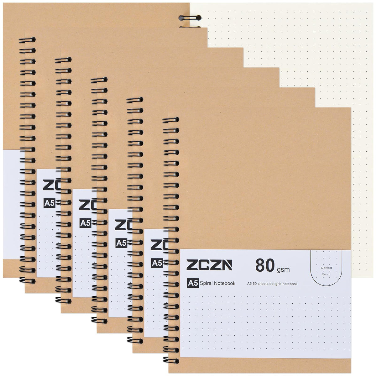 ZCZN A5 Dotted Notebook, 6 Pack Spiral Notebook, 80gsm Dot Grid Paper, 120 Pages/60 Sheets