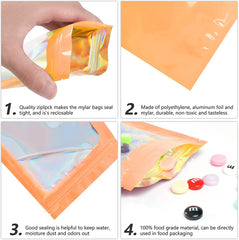 Artcut 100 PCS Smell Proof Mylar Bags Holographic Packaging Bags, Resealable Odor Proof Bags Foil Pouch Bags for Food Storage and Lipgloss, Jewelry, Eyelash Packaging (Orange, 4 * 6inch)