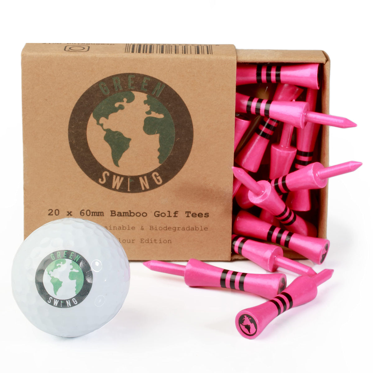 Green Swing Bamboo Golf Tees 60mm   Strong Sustainable Biodegradable   20pcs   Full Colour Edition   Pink Castle Tees