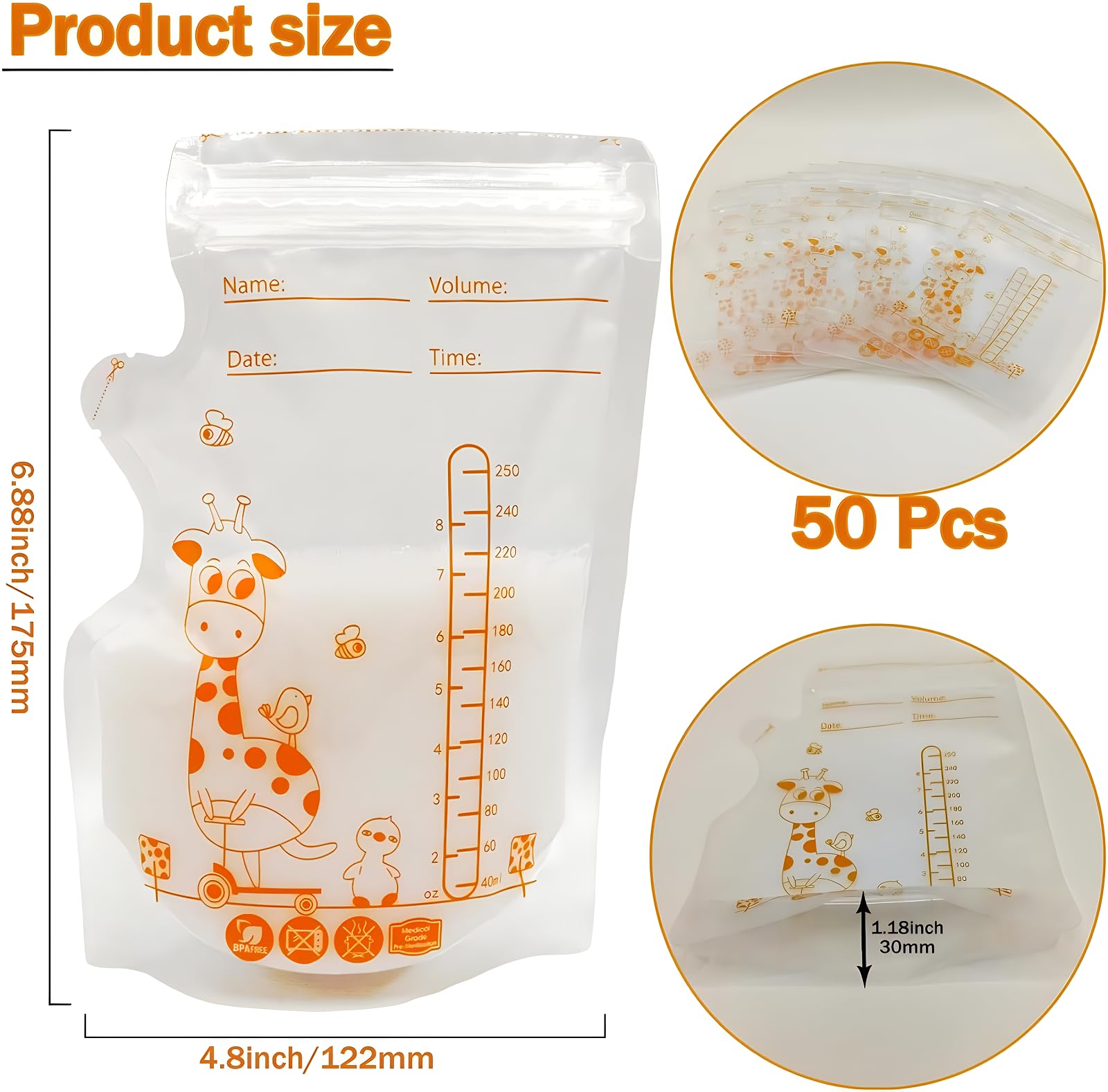 MORJCG 50 Pcs Breast Milk Storage Bag, Breast Milk Storage, 250ml Disposable Milk Storage Bags, Breast Milk Bags, Milk Storage Bags Breastfeeding, Breastfeeding, No-Leak Milk Freezer Storage Pouches