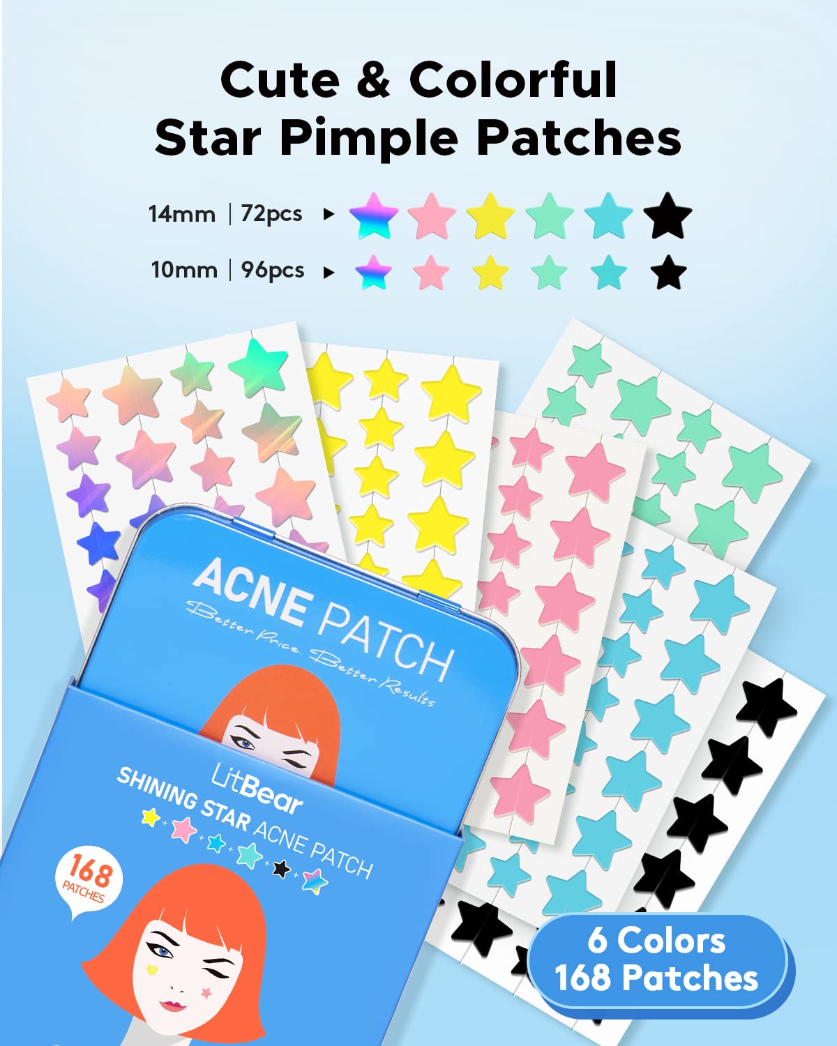 LitBear Acne Pimple Patch, 6 Colors 168 Dots Star Pimple Patches with Case, Tea Tree Oil & Centella Oil, Hydrocolloid Acne Pimple Patches for Face Cute Zit Patches Pimple Stickers Acne Dots