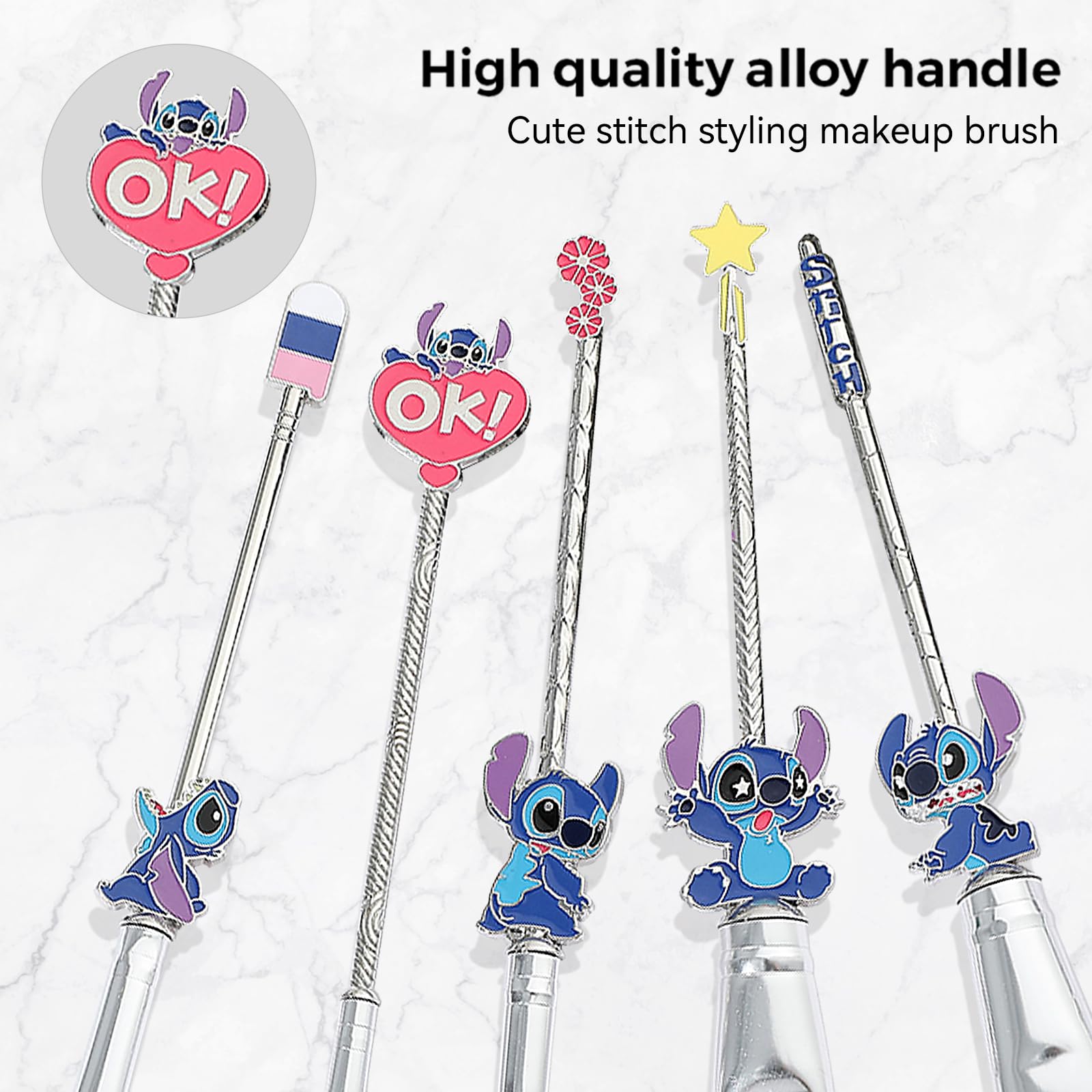 [5 Pcs] Stitch Makeup Brush Set, Lilo and Stitch Gifts Cosmetic Brushes for powder eyeshadow blushes lips, Portable Kawaii Makeup Brush Set, Stitch Gifts for Girl Women