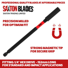 4 Piece Saxton MIB04PC Magnetic 60mm and 152mm Professional Impact Bit Holders with 1 x PZ2 & 1 x PH2 Screwdriver Impact Bits Compatible with Dewalt, Milwaukee, Makita, Bosch and Many More