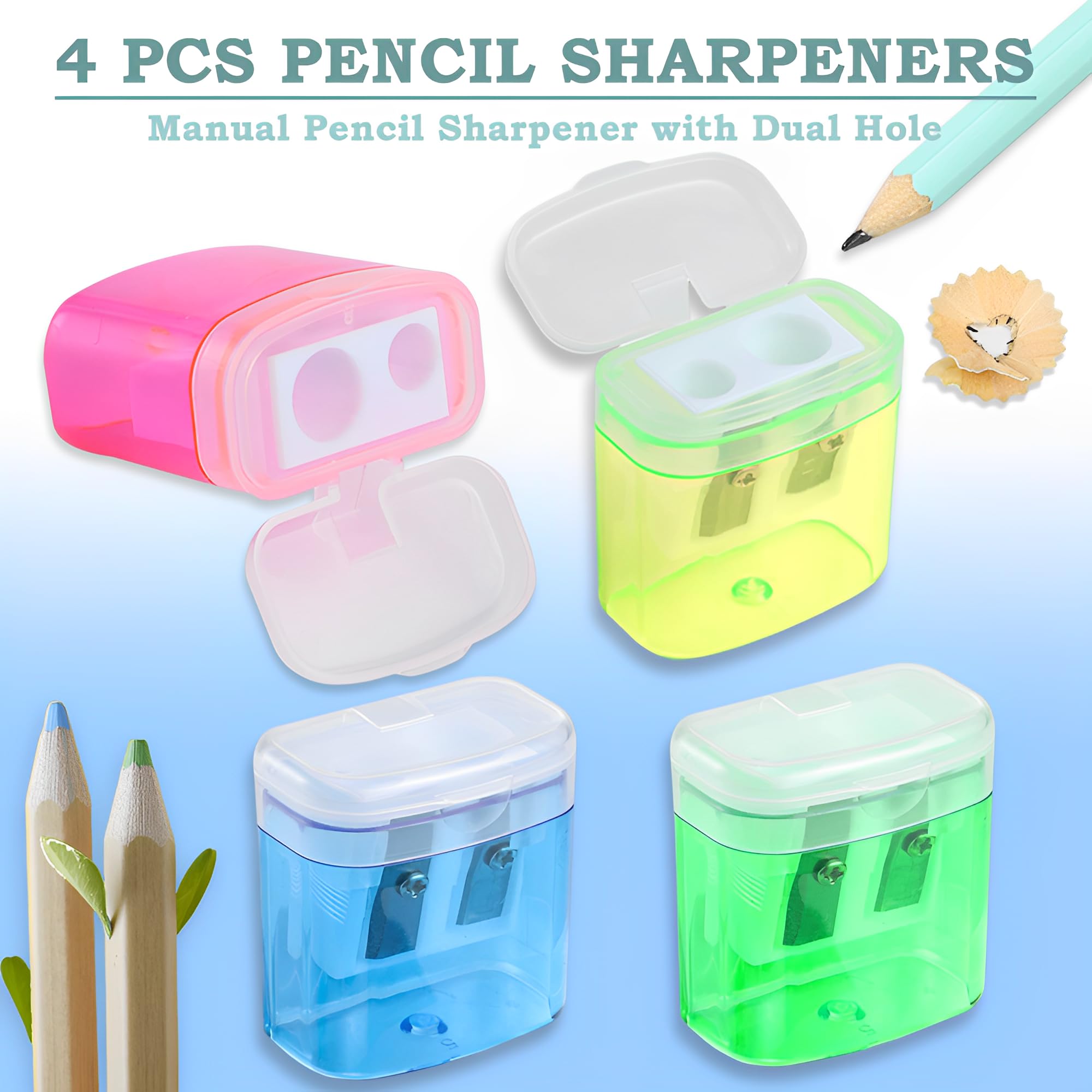 YOFASEN 4 PCS Pencil Sharpeners - Manual Pencil Sharpeners with Cover Handheld Dual Hole Pencil Sharpeners for Kids Students School Home Office Supply