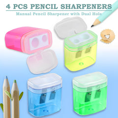 YOFASEN 4 PCS Pencil Sharpeners - Manual Pencil Sharpeners with Cover Handheld Dual Hole Pencil Sharpeners for Kids Students School Home Office Supply