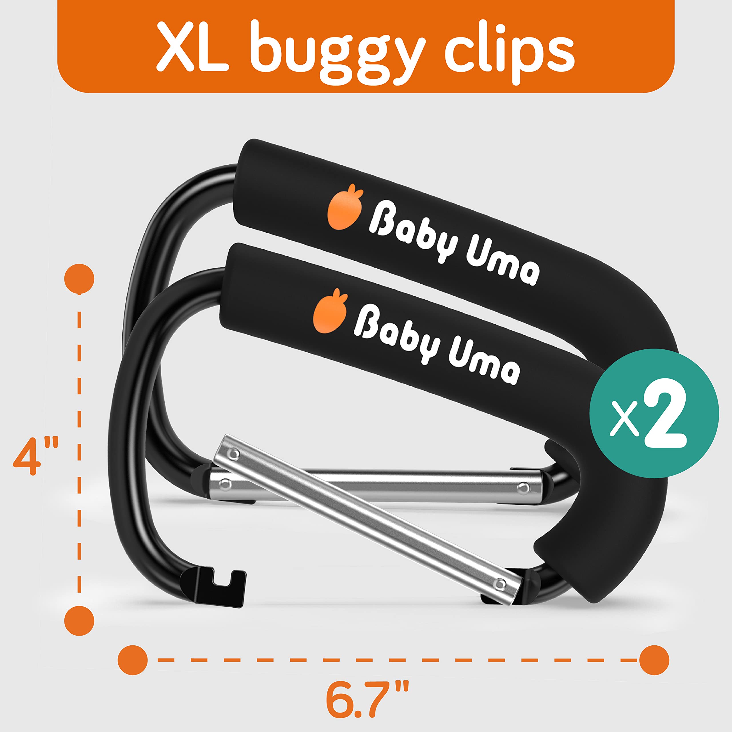 Baby Uma XL Baby Stroller Hooks for Hanging Bags and Shopping (2 Pack) - Universal Stroller Clips and Hooks - Large Carabiner Stroller Accessories - Carry 11 lbs per Stroller Hanger - 6.7″ x 4″