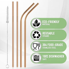 iShop Metal Straws – Reusable Straws Set of 4 Rose Gold– Drinking Straws with Straw Cleaner – Eco-Friendly FDA BPA Free – Includes Cleaning Brush and Travel Pouch – Ideal for Travel, Home Use