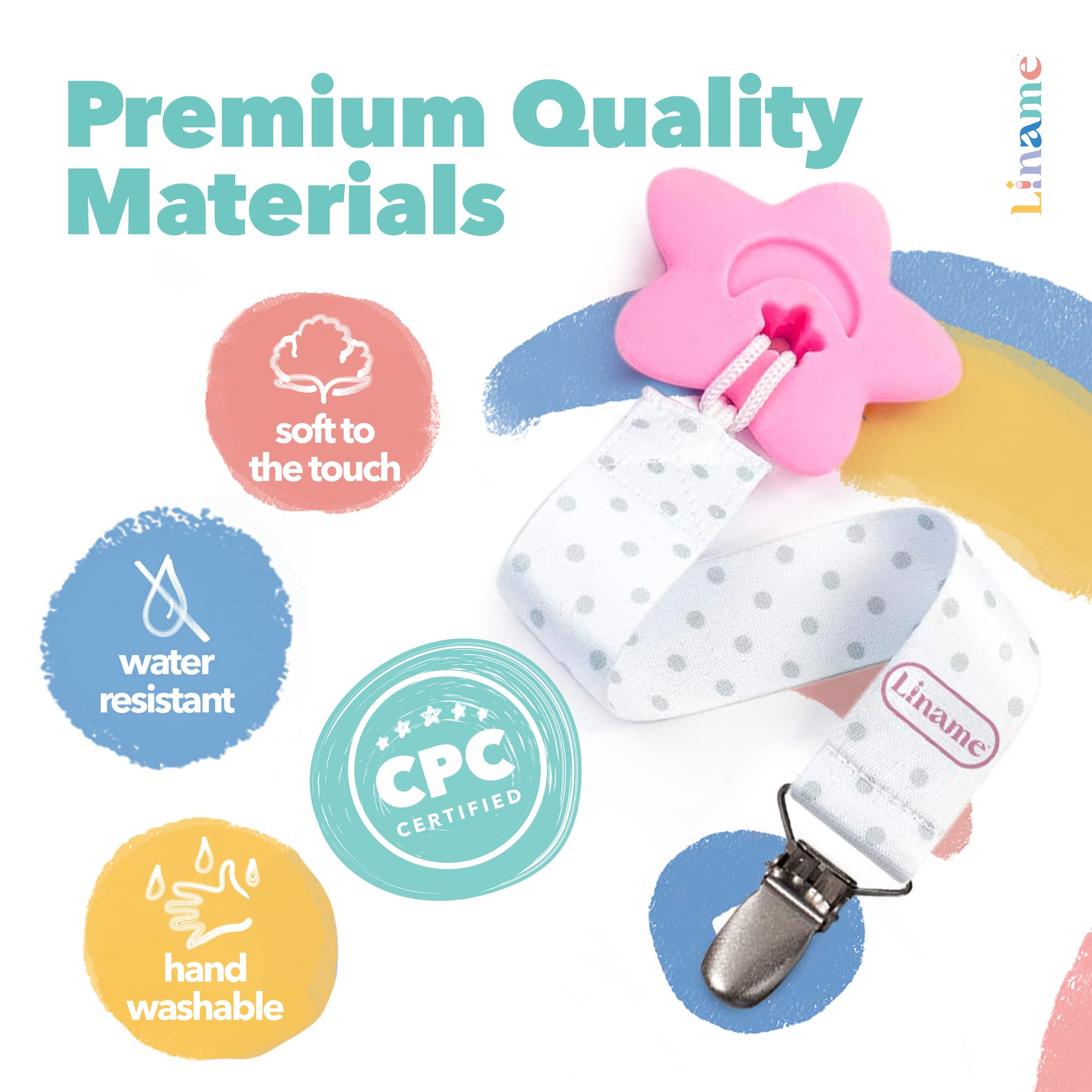 Liname Dummy Clip for Girls Boys with Bonus Teething Toy - 4 Pack Gift Packaging - Premium Quality & Unique Design - Dummy Clips Fit All Dummies & Soothers - Perfect Baby Gift (Pink, Metal Clip)