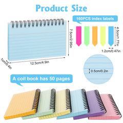 Dacitiery 6 Packs Index Cards, 300 Sheets Flash Cards Coil Multicolor Revision Flash Cards with 180 Sheets Sticky Index Tables Memo Note Revision Cards for Home School Office, Total 480 Sheets