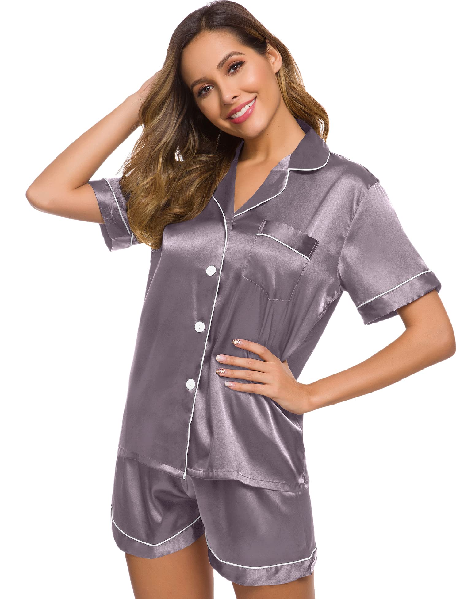 SWOMOG Pyjama Set Women Silk Satin Pyjamas Short Sleeve Pjs Two-Piece Loungewear Button-Down Pj Sets