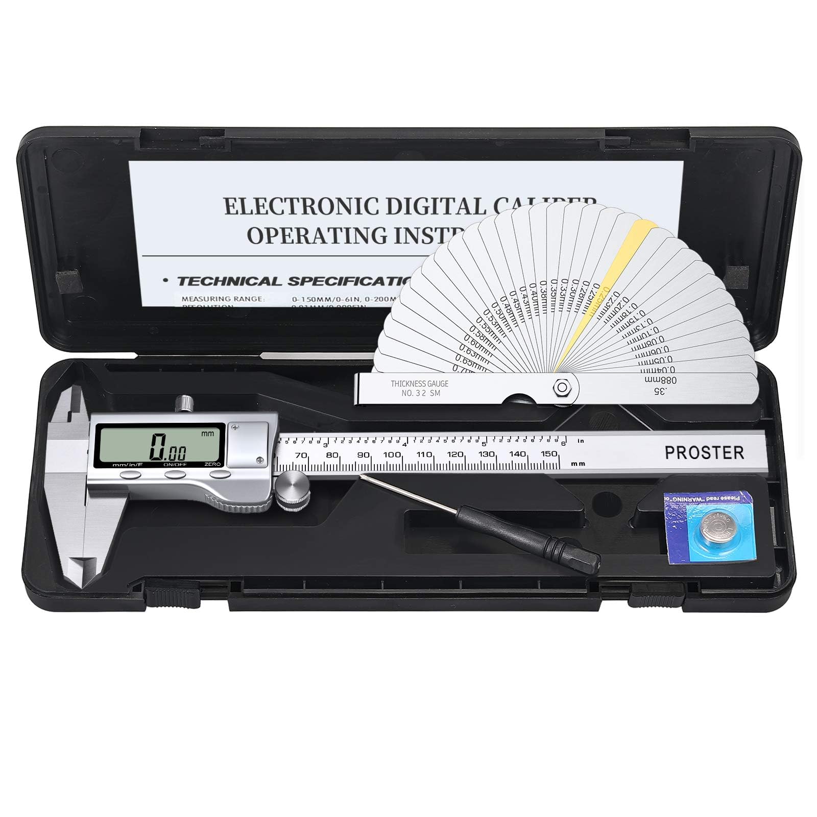 Proster Vernier Caliper Kit 150mm/6Inch Digital Vernier Caliper with Feeler Gauge Fractions/Inch/Metric Measuring Tool for Length Width Depth Diameter