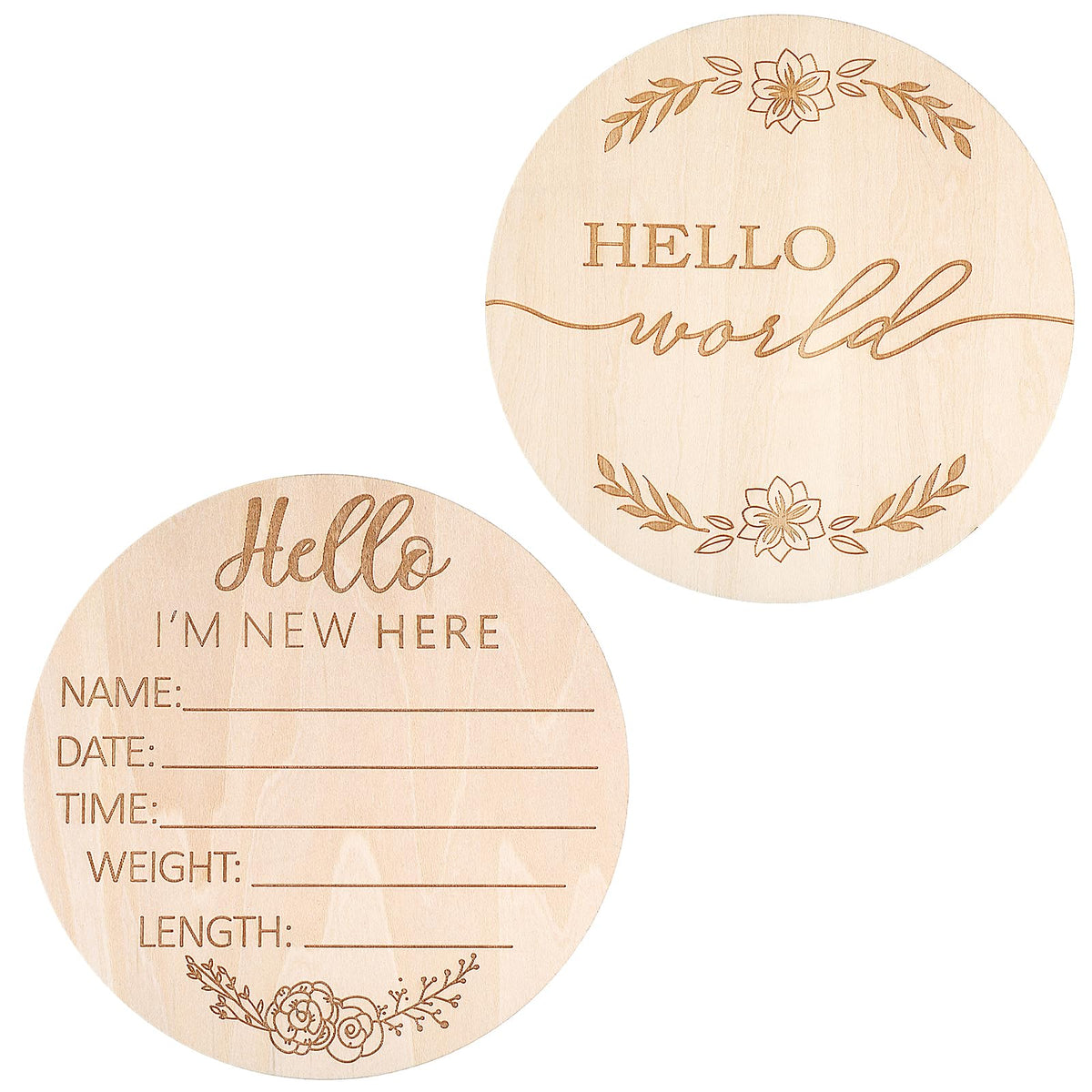 Ouligay Baby Announcement Sign 5.9 Inch Round Wooden Hello World Baby Sign Newborn Welcome Sign Baby Birth Sign Baby Name Sign for Hospital Photo Prop Baby Shower Nursery