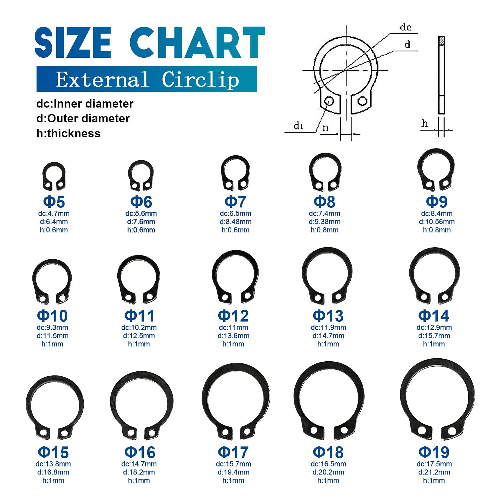 NINDEJIN 480PCS Snap Ring Assortment Set, Carbon Steel External Circlip Snap Retaining Clip Rings Kit, 5-19mm (15Sizes) C-Clips Circlip Rings for Axles, Shafts and Other Moving Parts