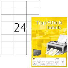 TopStick 8706 Self Adhesive Address Labels, 24 Labels per A4 Sheet, 100 Sheets, 70 x 37 mm, 2400 Labels, Blank Mailing Labels Stickers, Sticky Labels for Laser & Inkjet Printer, White