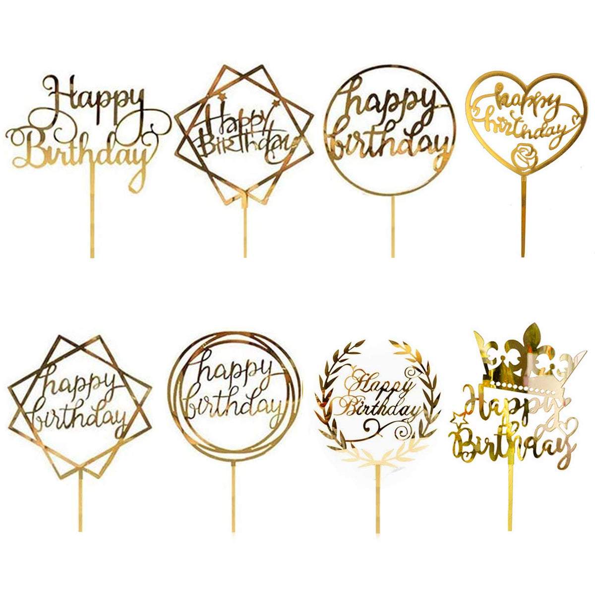 8 Pack Happy Birthday Cake Topper, CBGGQ Multicolour Acrylic Cupcake Topper for Various Party Decoration for Girls Kids Baby Birthday Wedding Mother Cake Supplies (Gold)