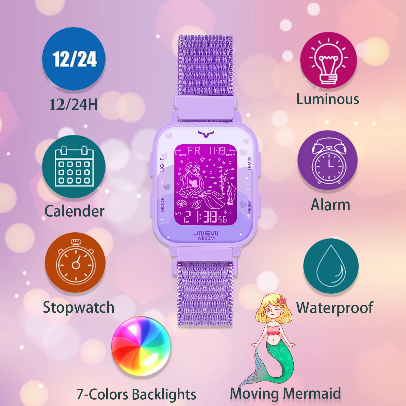 Venhoo Kids Watch for Girls Outdoor Sport Woven Nylon Strap 7 Colorful LED Electrical Wrist Watches with Alarm Luminous Stopwatch for Little Girls Child-Purple Mermaid