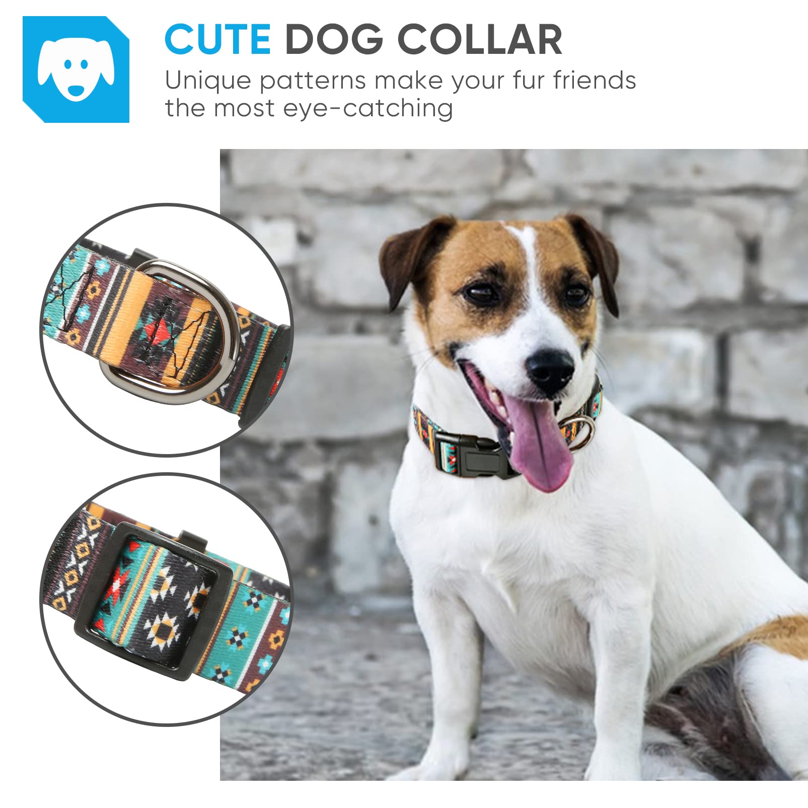 HEELE Dog Collar Medium Multi-Colour Patterned Soft Comfy Dog Pet Collars Easy Adjustable Collar for Small Medium Dogs Indoor Outdoor Activities, Bohemian Cyan, M