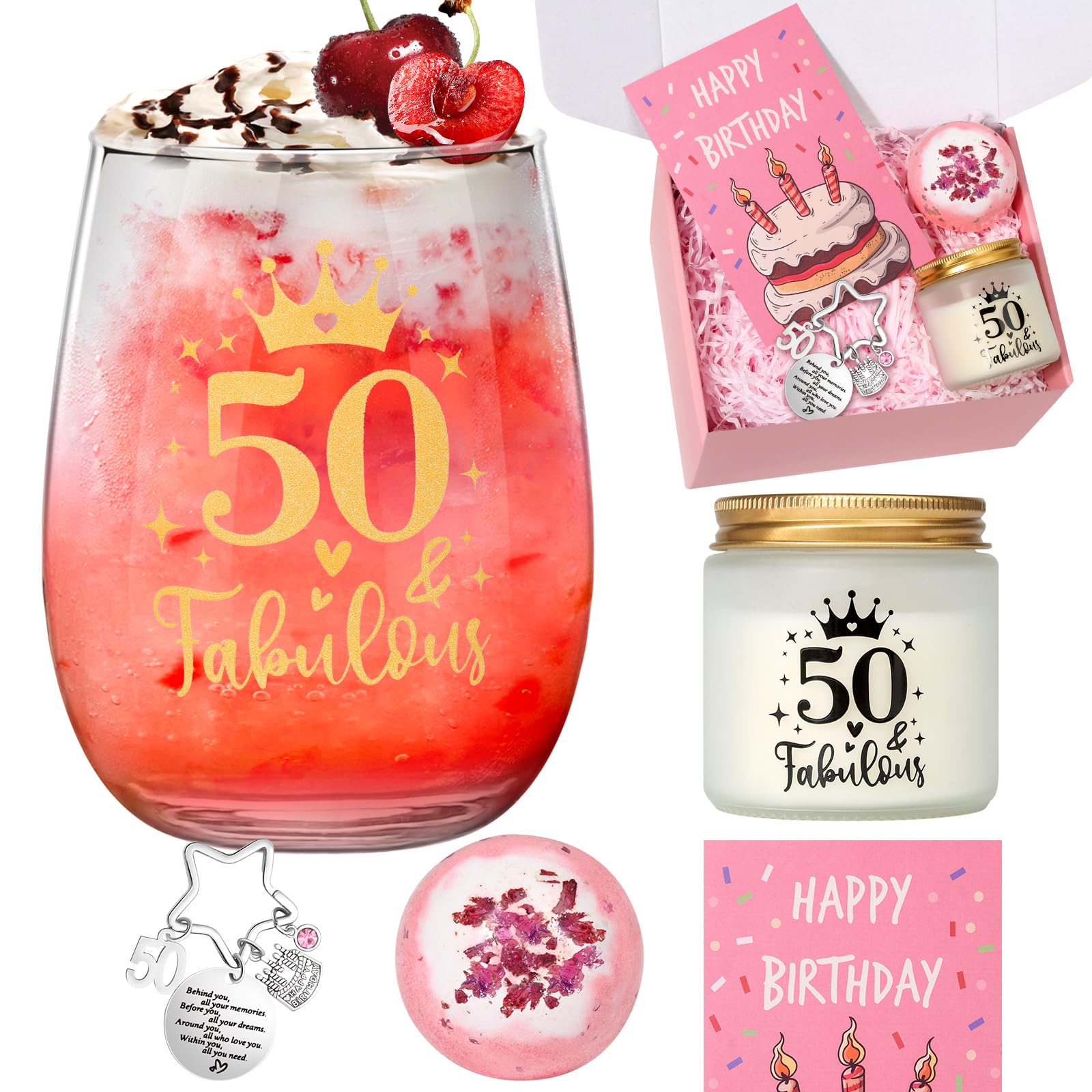 Tecanne 50th Birthday Gifts for Women, Birthday Pamper Gifts for Her, Personalised Glass 50th Wine Glass Gift Set, Gin Gift Box for Mum, Sister, Best Friends