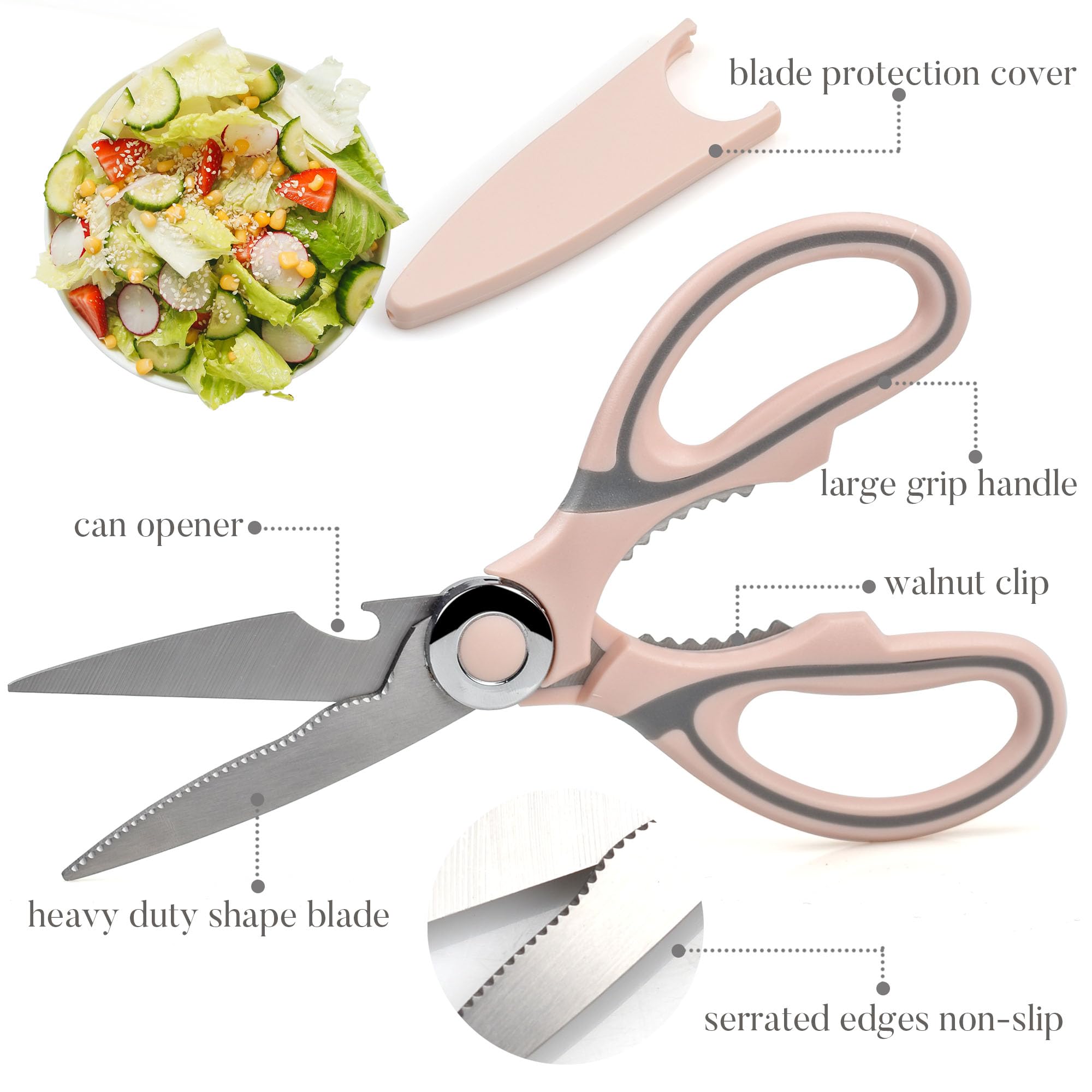 Heavy Duty Kitchen Scissors, Sharp Stainless Steel Scissors for Kitchen, Multipurpose Shears for Garden, Chicken, Poultry, Fish, Meat, Vegetables, Herbs, BBQ, Nuts (Pink)