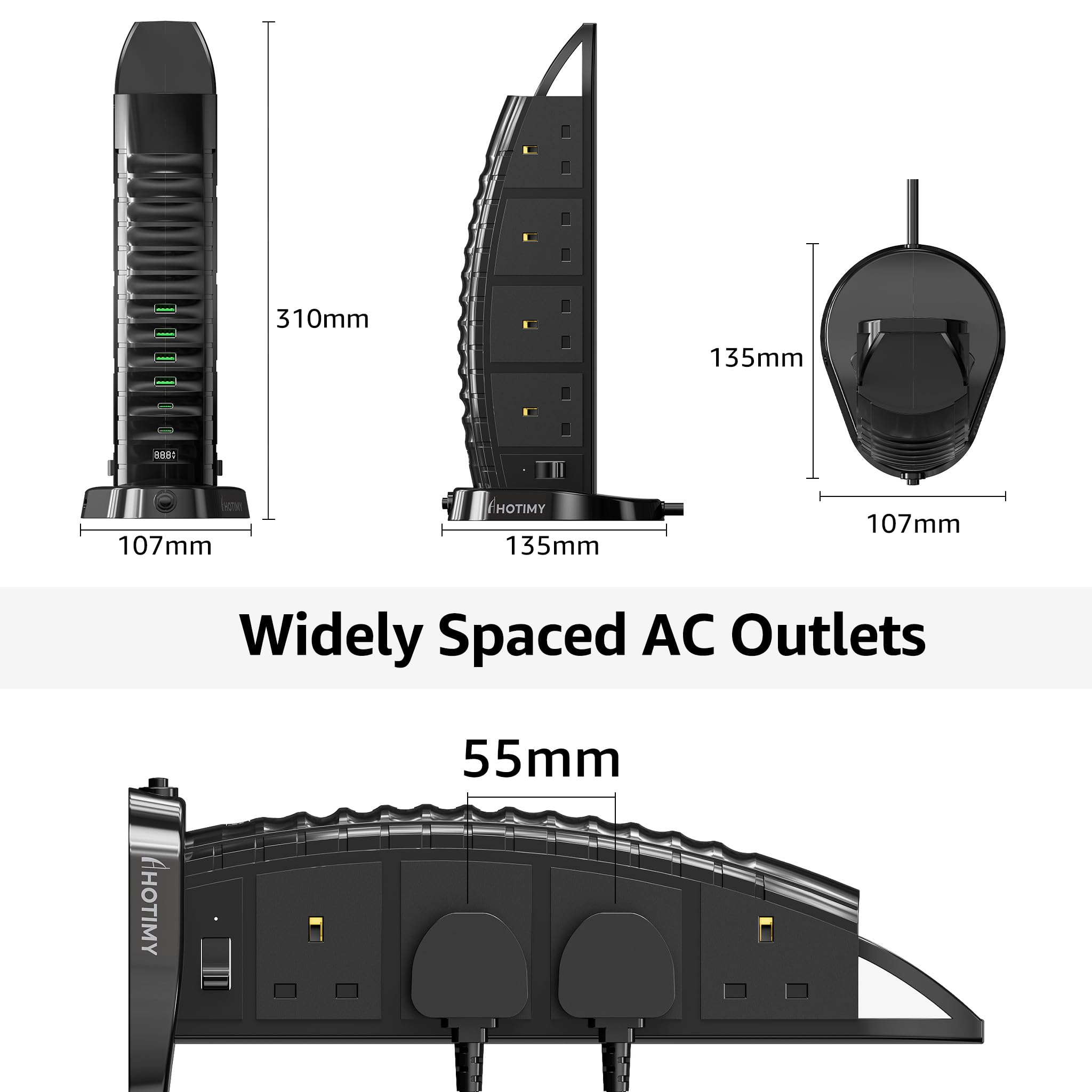 Tower Extension Lead with USB Slots 2M, 8 Way Outlets Multi Plug Extension Tower with 6 USB (2 Type C & 4 USB A Ports) Overload Protection Extension Cord with 2 Independent Switches, Tower Power Strip