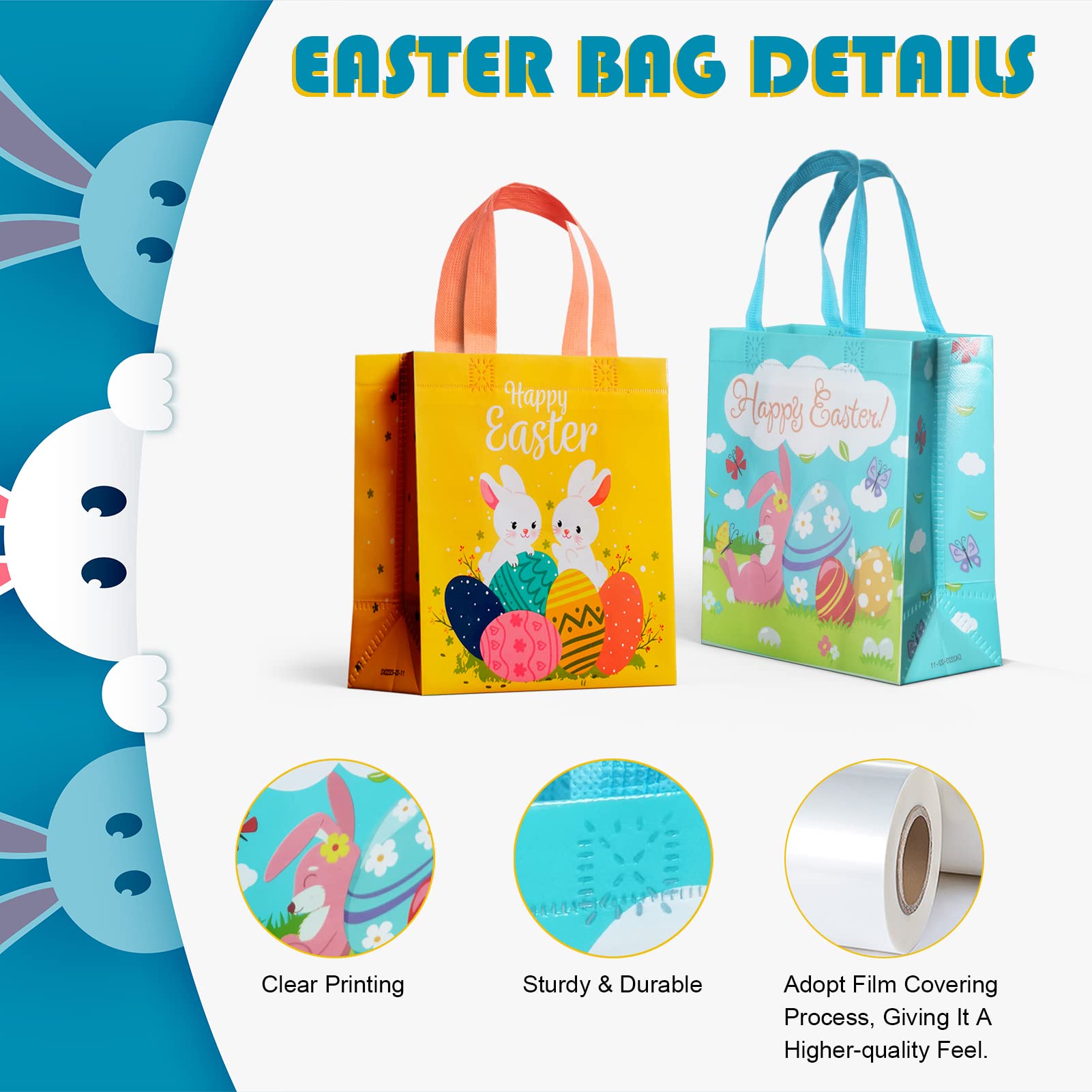 Easter Gift Bags, 4 Pcs Easter Bunny Bags for Kids, Easter Egg Hunt Bags with Handles, Reusable Chocolate Sweets Treat Candy Easter Bunny Ear Party Bags for Party Favors