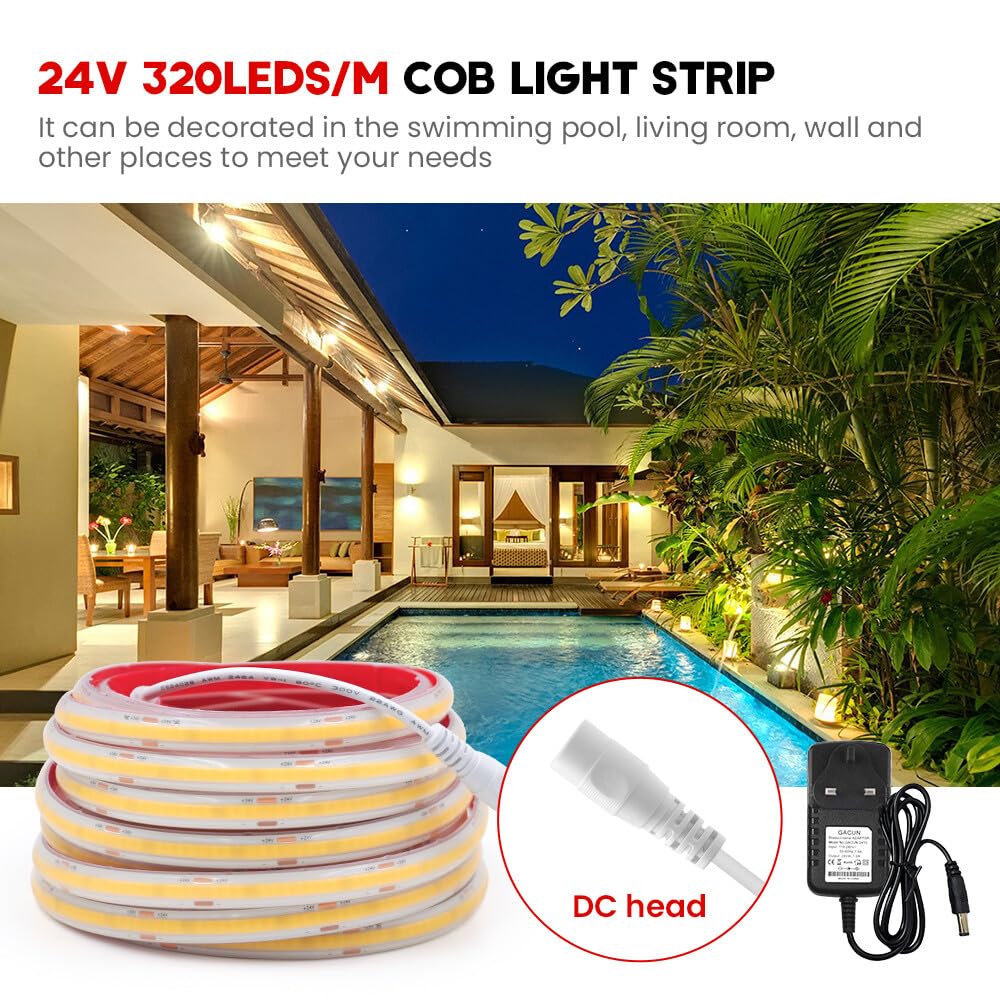 Wisada 1m COB LED Light Strip Self-Adhesive, 24V 320 LEDs/M Natural White FCOB LED Rope Light, Super Bright Waterproof Flexible Under Cabinet Light, Holiday Wedding Indoor and Outdoor Lighting