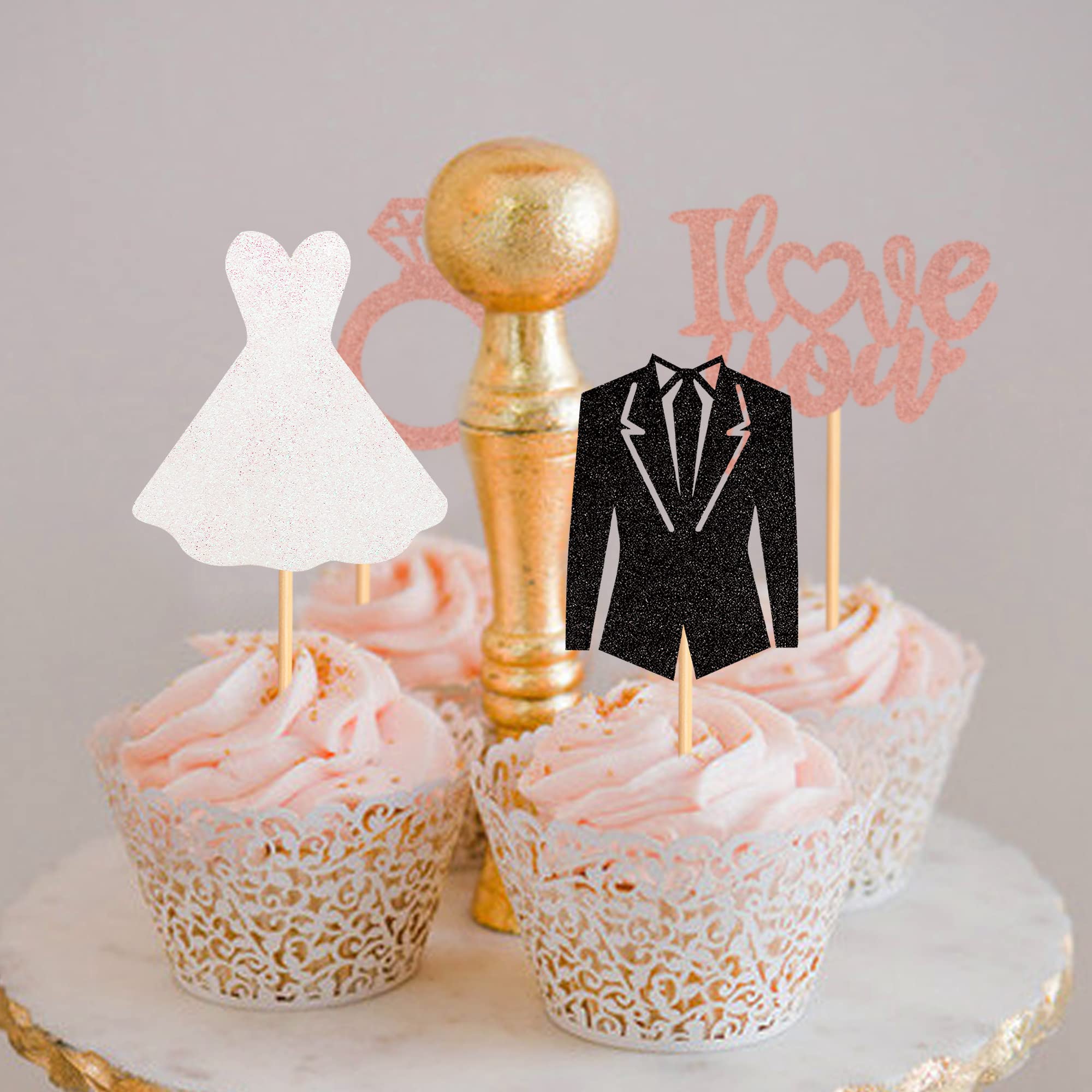 Blumomon 24Pcs Glitter I Love You Cupcake Toppers with Diamond Wedding Cake Toppers Groom and Bride Cupcake Picks for Bridal Shower Bachelorette Party Hen Party Supplies Engagement Decorations