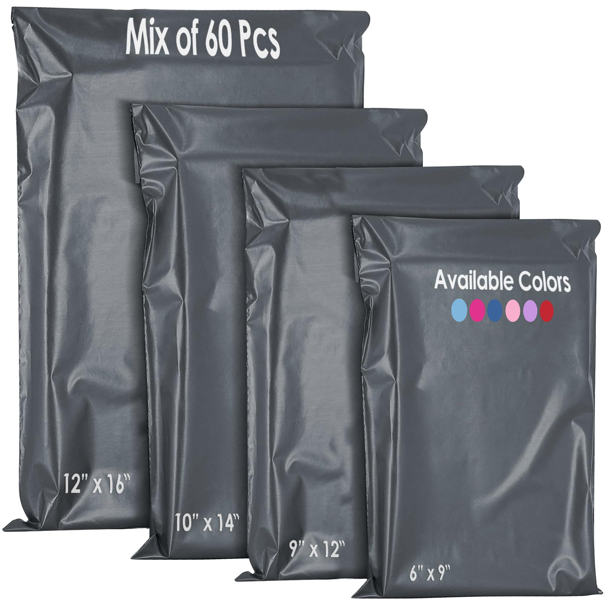 60 Mixed Mailing Postal Self-Seal Closure Plastic Bags - Envelopes for Posting Clothes, Postal, Packaging, Shipping Bags - Tempered Proof, Secure Medium Postage Bags - Mixed Sizes - Grey