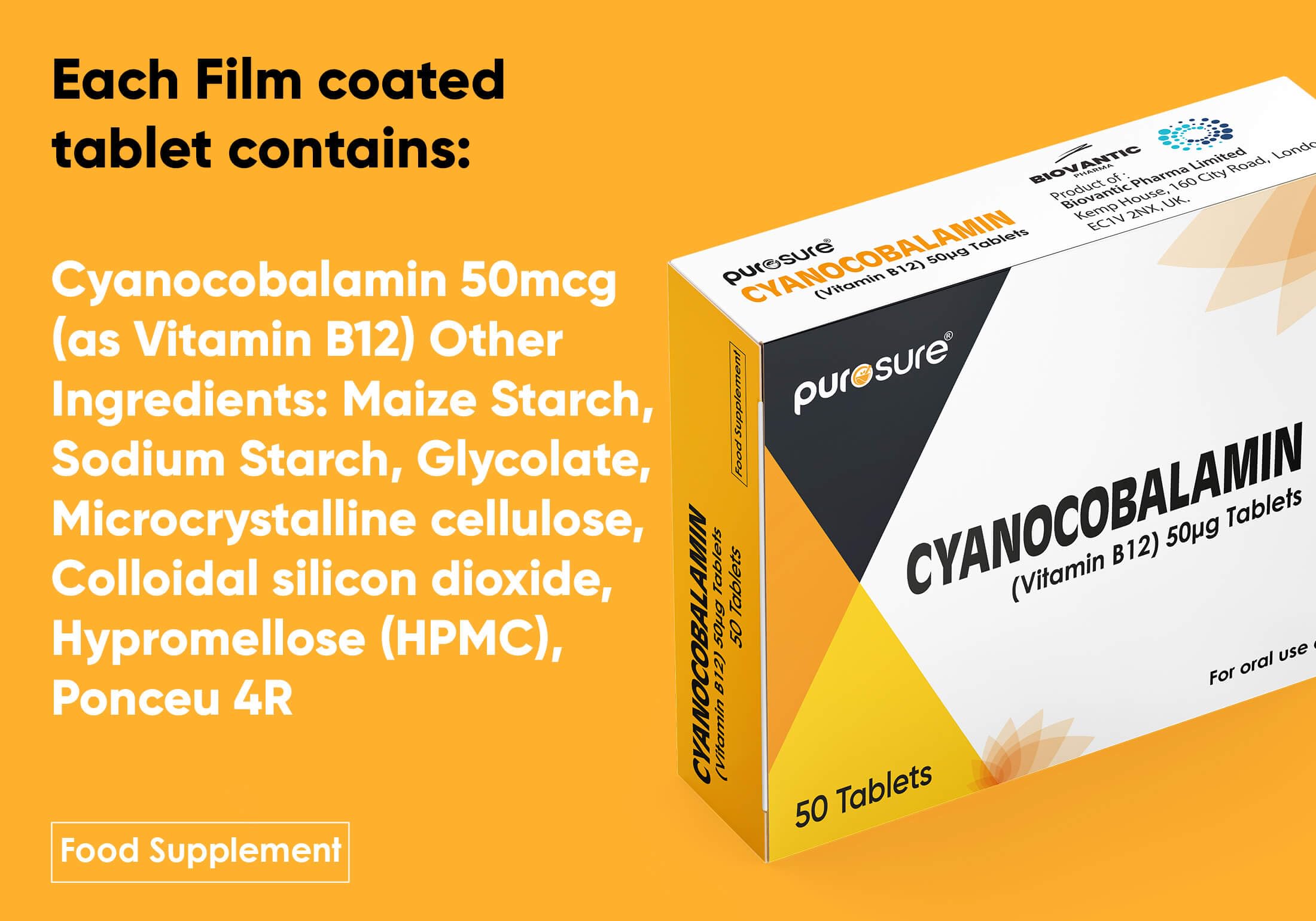 PuroSure Vitamin B12-50 Tablets (7 Weeks Supply) – Cyanocobalamin B12 50mcg Supplement - Contributes to The Reduction of Tiredness and Fatigue