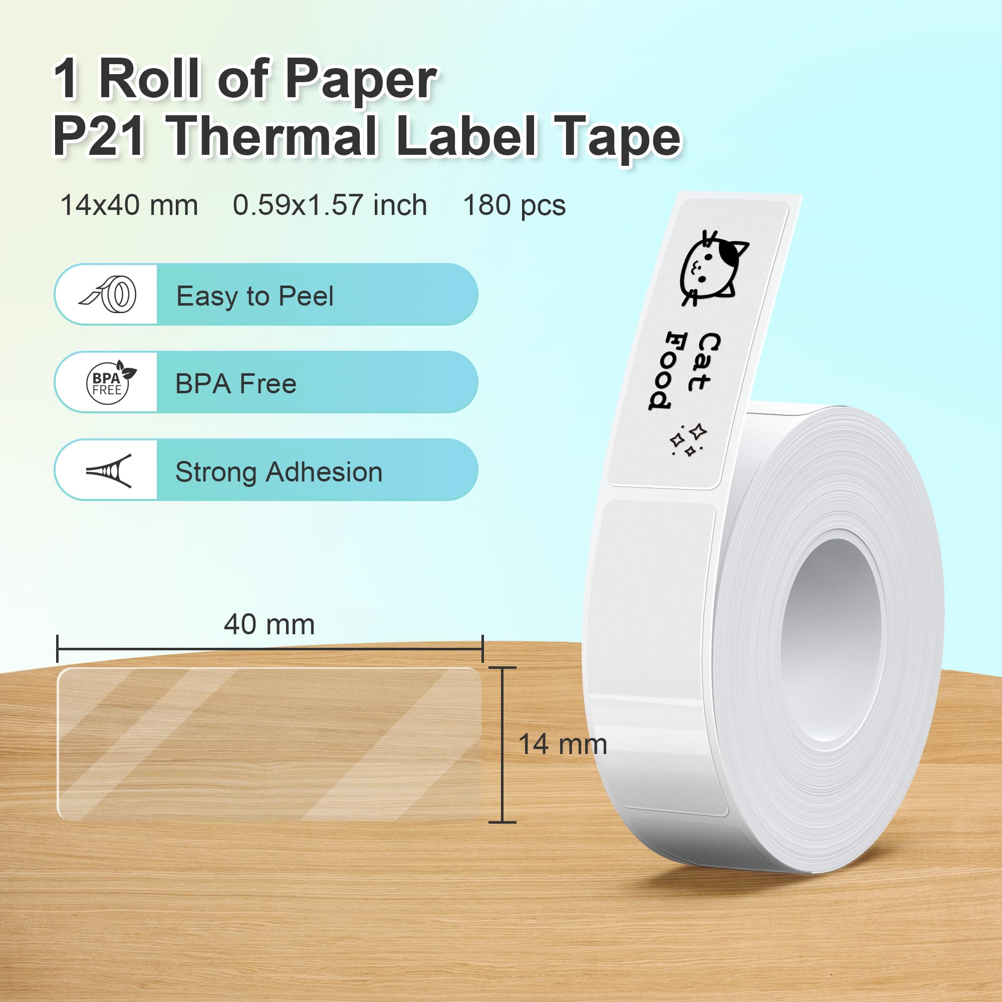 NELKO P21 Label Maker Tape, Adapted Label Print Paper, 14x40mm (0.55 inchesx1.57 inches), Standard Laminated Office Labeling Tape Replacement, Multipurpose of Home, Office, School, 180 Labels/Roll, Transparent