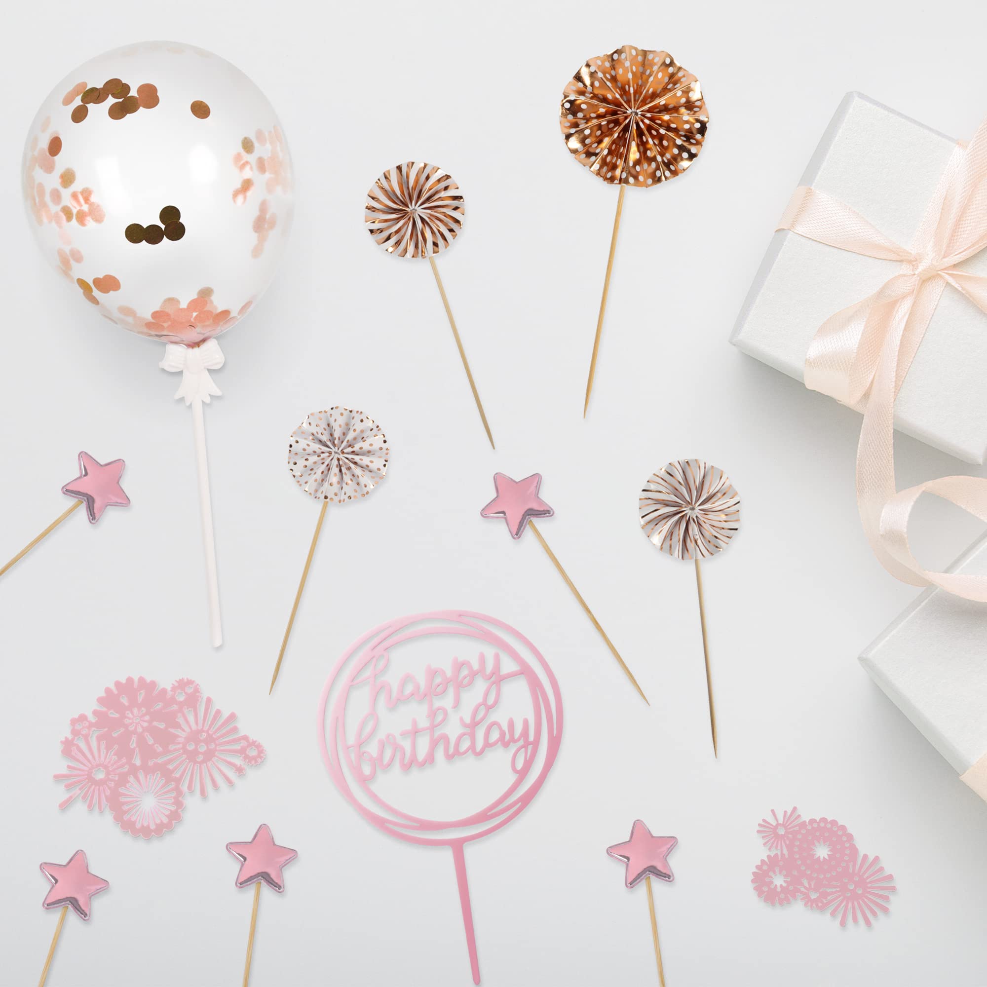 Beaface 13 PCS Birthday Cake Toppers Set, Rose Gold Cake Decorations Happy Birthday Cake Topper, Sequins Balloon Paper Fans Stars Acrylic Cake Toppers for Birthday Party Cake Decor (Rose Gold)