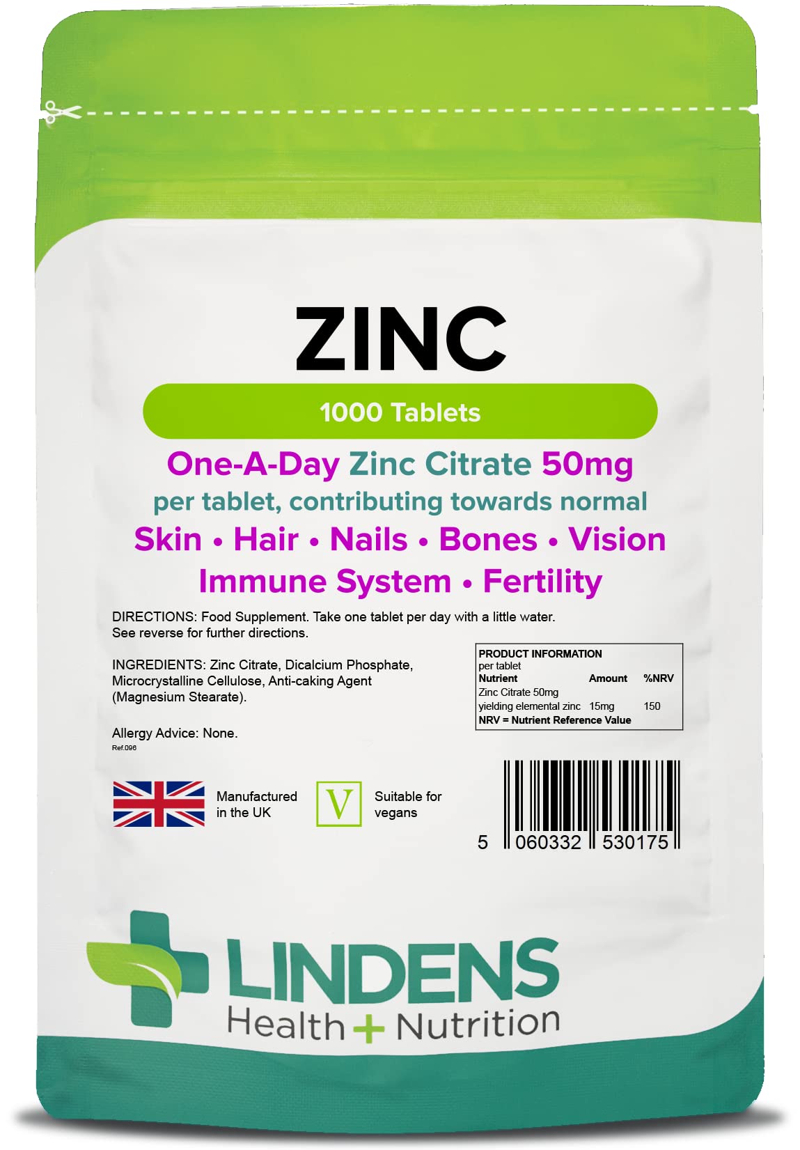 Lindens Zinc Citrate 50mg Tablets - 1000 Pack - High Strength 150% Nrv Dose Contributing Towards Normal Skin, Hair, Nails, Bones, Vision, Immune System and Fertility