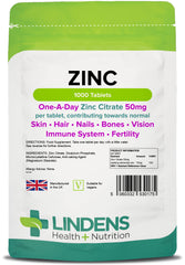 Lindens Zinc Citrate 50mg Tablets - 1000 Pack - High Strength 150% Nrv Dose Contributing Towards Normal Skin, Hair, Nails, Bones, Vision, Immune System and Fertility