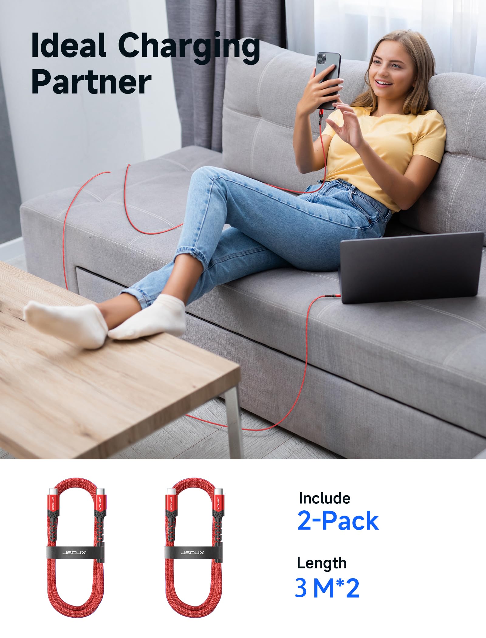 JSAUX USB C to USB C Charger Cable [2-Pack 3M], 100W/5A Type-C Fast Charging Data Lead Compatible for iPhone 15 Pro Max Samsung Galaxy S24 S23 Ultra A54 Pixel iPad Pro MacBook Air PS5 Steam Deck Red