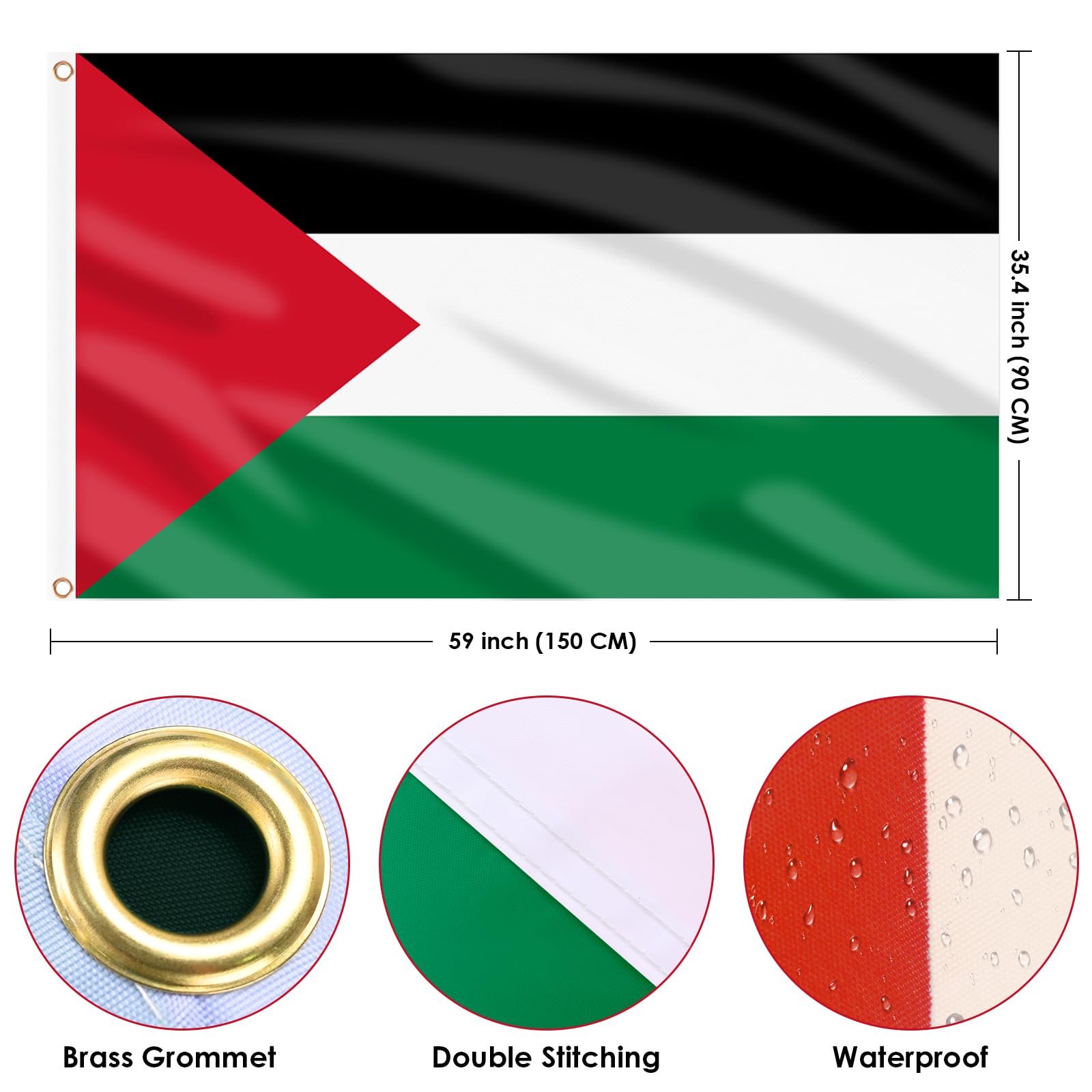 AhfuLife Palestine Flag 5ft x 3ft, 2pcs Large Palestinian Flags with Brass Eyelets for Indoor and Outdoor Garden Sports Events Decorations (2 Pcs)