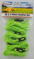 ESW LEISURE Guyline Ropes 6 Pack For Tents Awning Camping Strong Lightweight Paracord Guy Rope With Tensioner Guy Lines Fishing Umbrella Shelter Caravan Gazebo (Flourescent Green, 2.4 Metre 6 Pack)