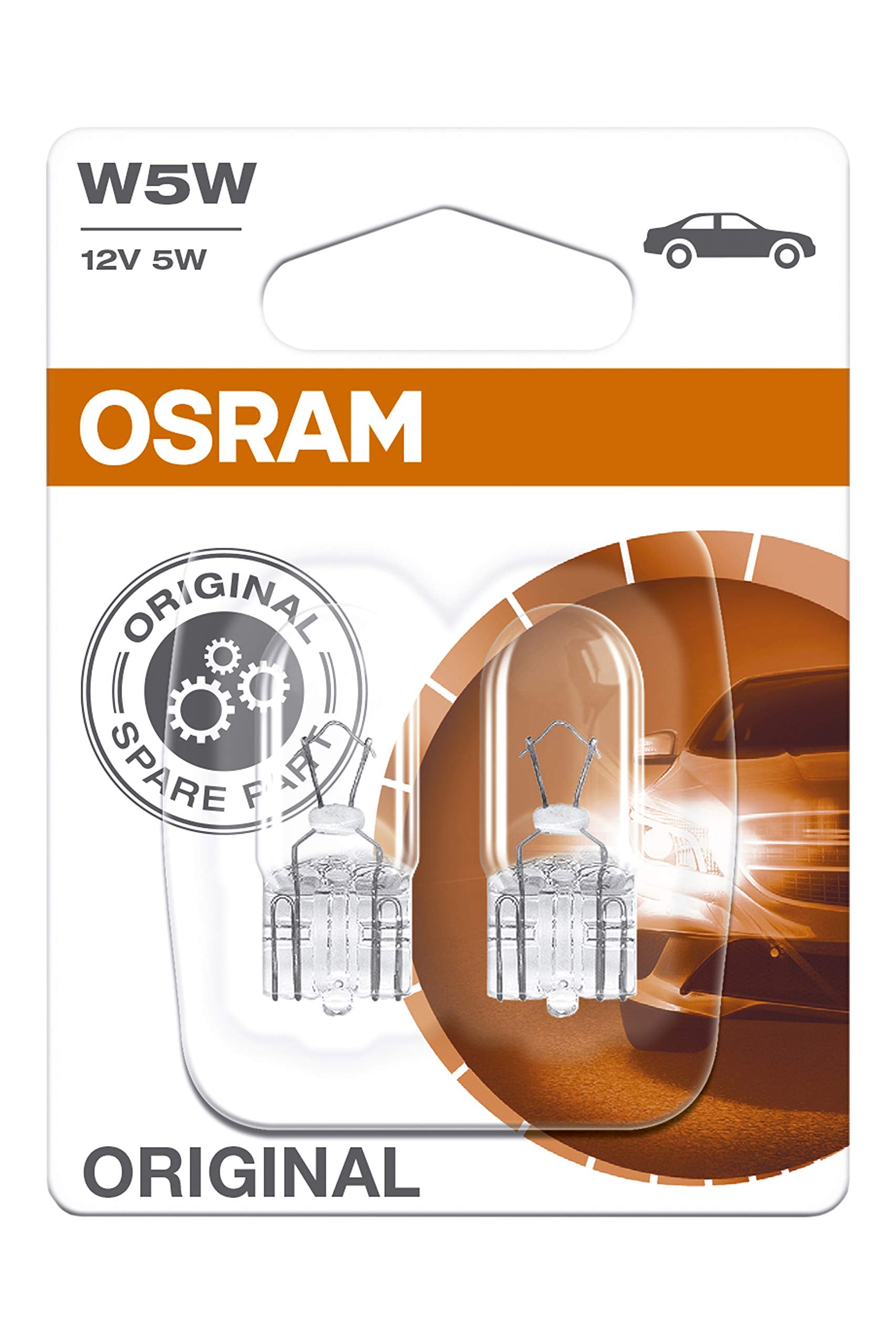 OSRAM ORIGINAL W5W halogen, position and number plate light, 2825-02B, 12V, double blister 2 count (Pack of 1) - white/clear