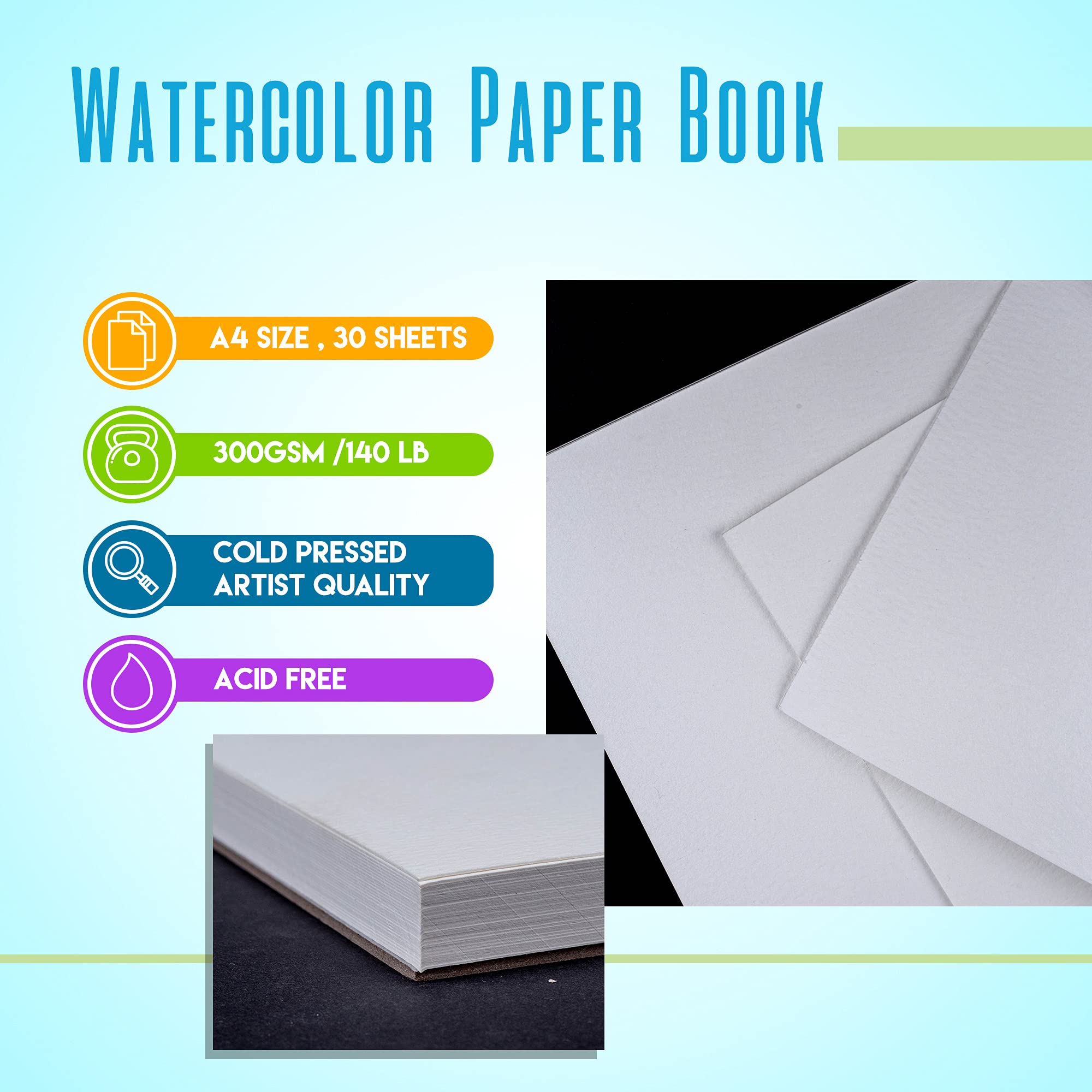 Makkas Watercolour Paper Pad A4 30 Sheets 140lb / 300gsm Cotton Blend Student Grade   Includes Pad Only   Cold Pressed & Acid Free Watercolour Sketchbook (Watercolour Pad)