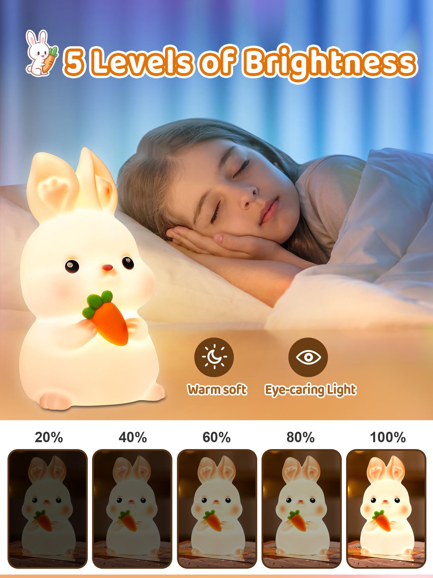 One Fire Bunny Night Light Kids,16 Colorsand5 Brightness Baby Night Light Kids Night Light Bedroom,RemoteandPortable Kids Night Light Baby Night Light Newborn,RechargeableandColdless Girls Night Light Kids