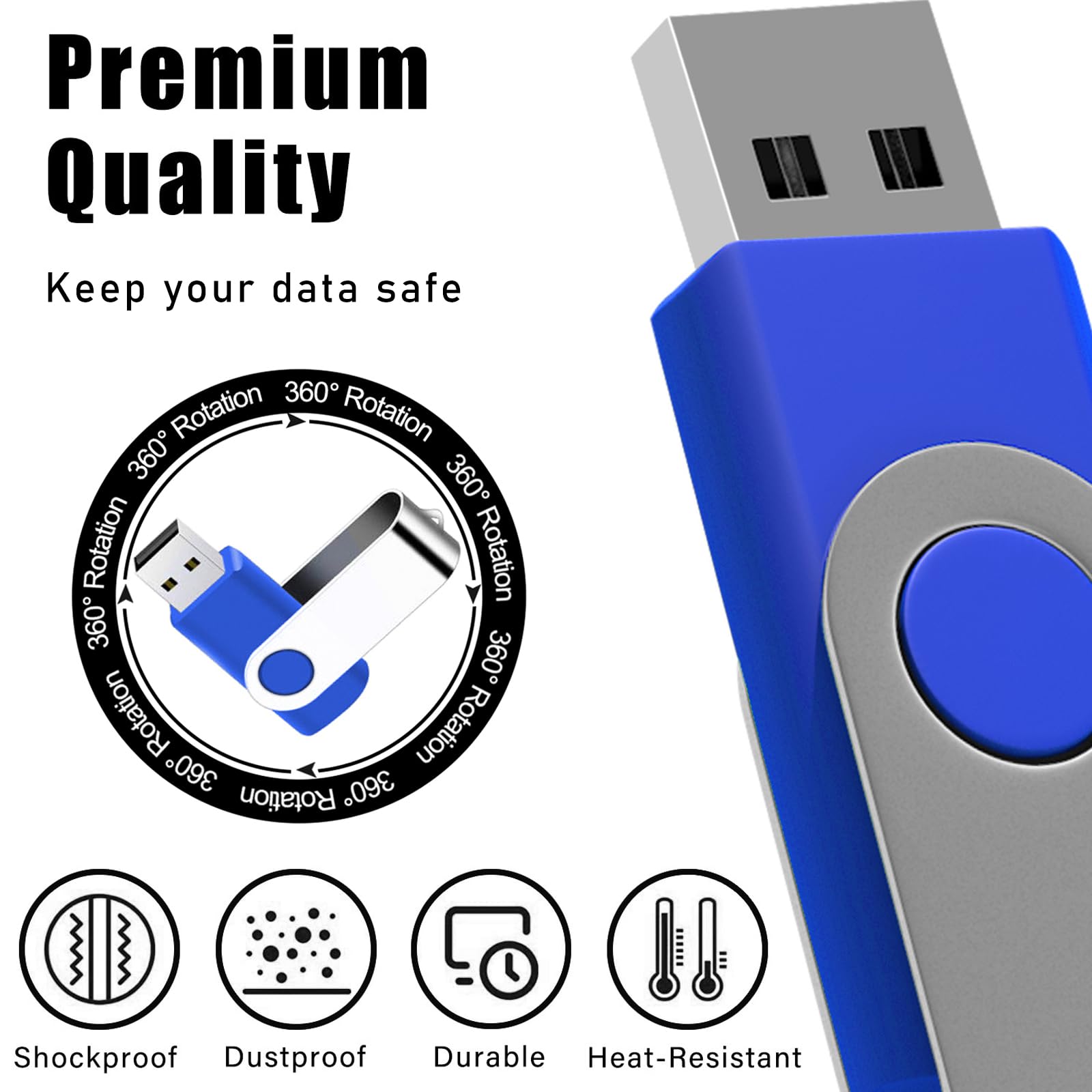 USB Memory Stick 64GB 3 Pack USB2.0 Thumb Pen Drive Swivel Design Fold Storage (Black/Blue/Red With Lanyard)